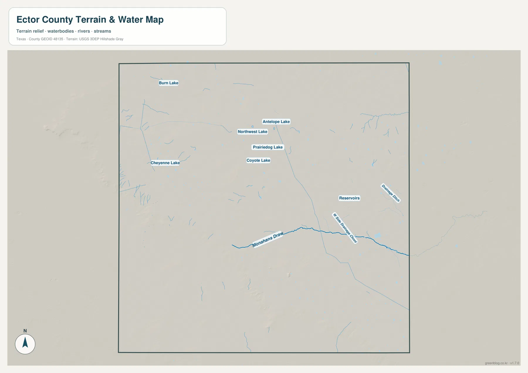 Ector County water map showing Monahans Draw, Burn Lake, Cheyenne Lake, Antelope Lake, Prairiedog Lake, Coyote Lake, and drainage features