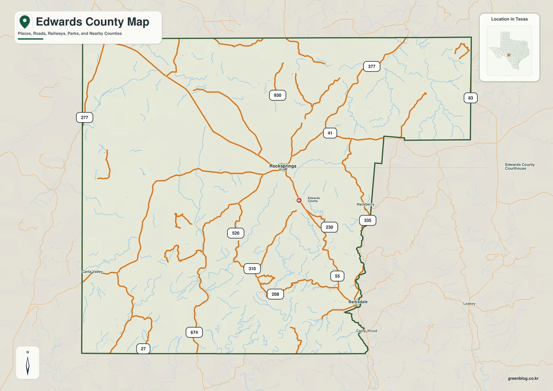Rocksprings, Barksdale, Carta Valley와 US 377, SH 55, SH 41, Ranch Road 335를 표시한 텍사스주 에드워즈 카운티 지도