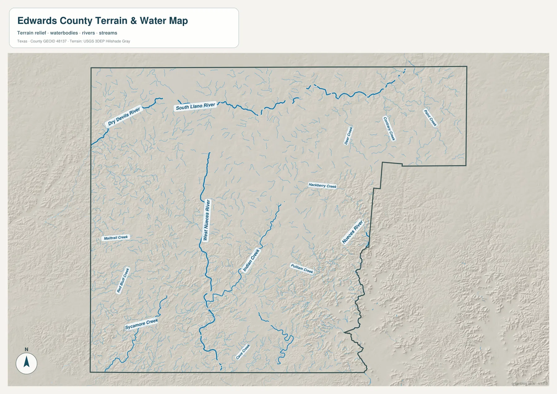 South Llano River, Dry Devils River, West Nueces River, Nueces River와 여러 크리크를 표시한 에드워즈 카운티 수역 지도