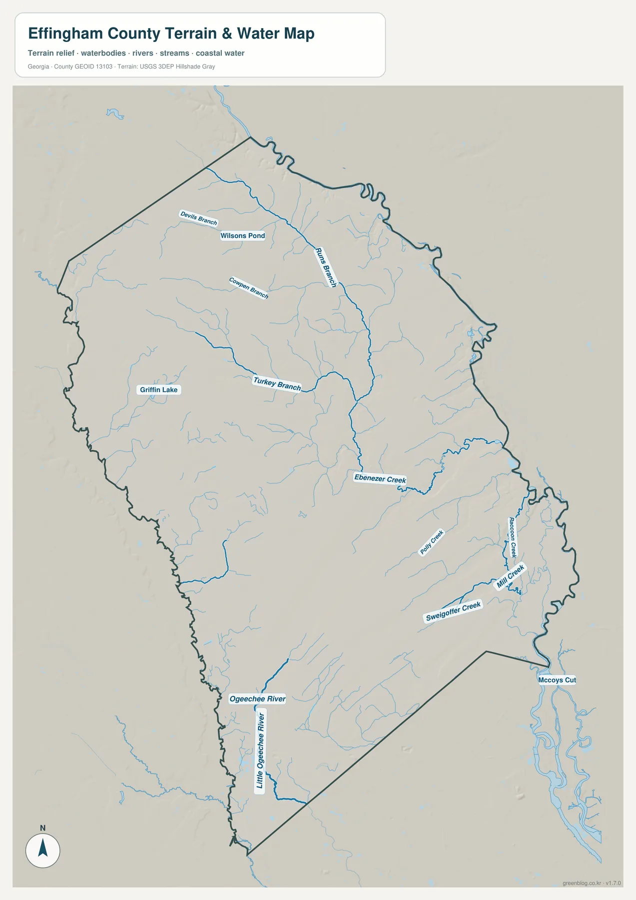 에핑엄 카운티 수역 지도에 표시된 Ogeechee River, Ebenezer Creek과 주요 지류