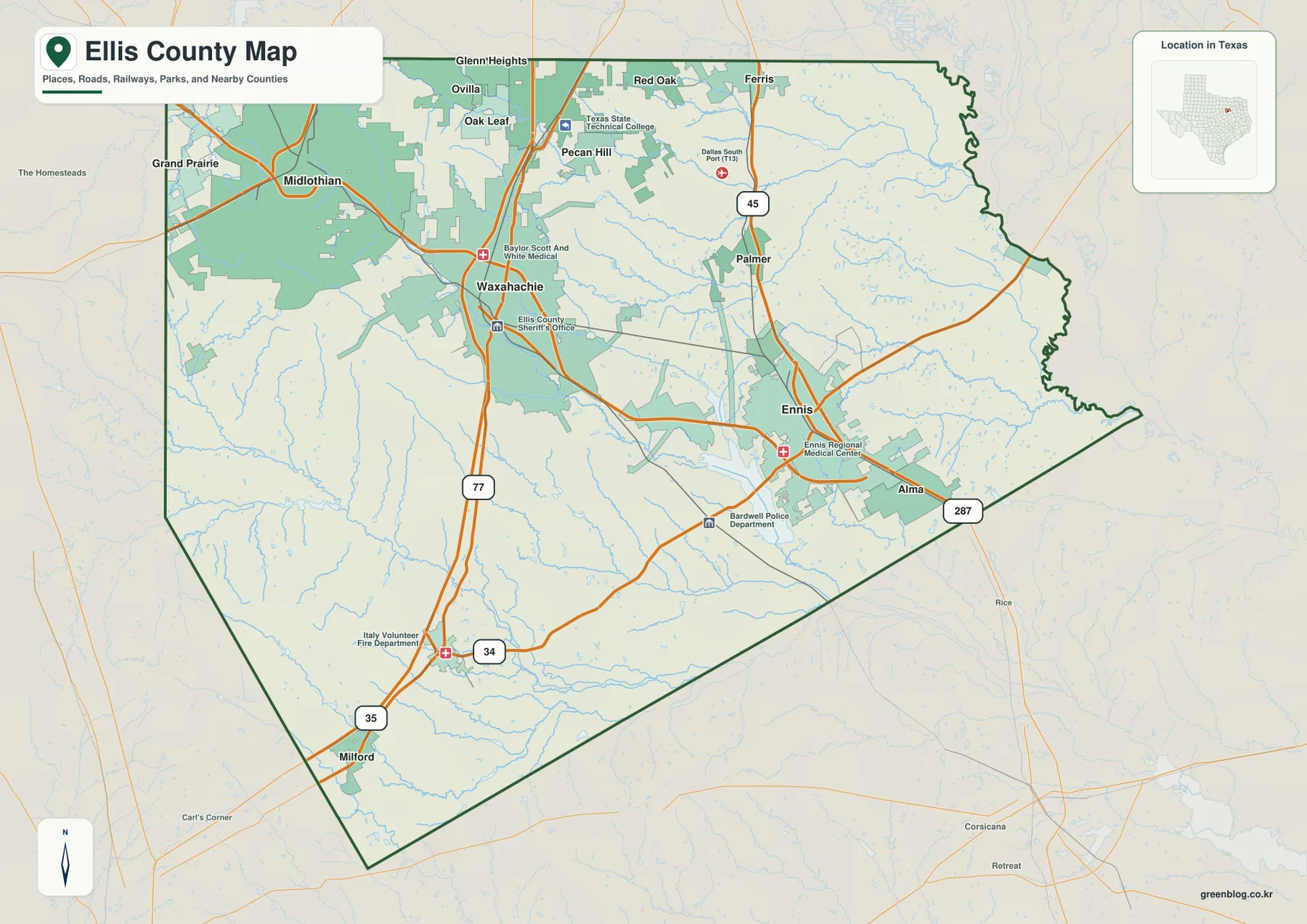 Waxahachie, Midlothian, Red Oak, Ennis와 I-35E, I-45, US 287을 표시한 엘리스 카운티 지도