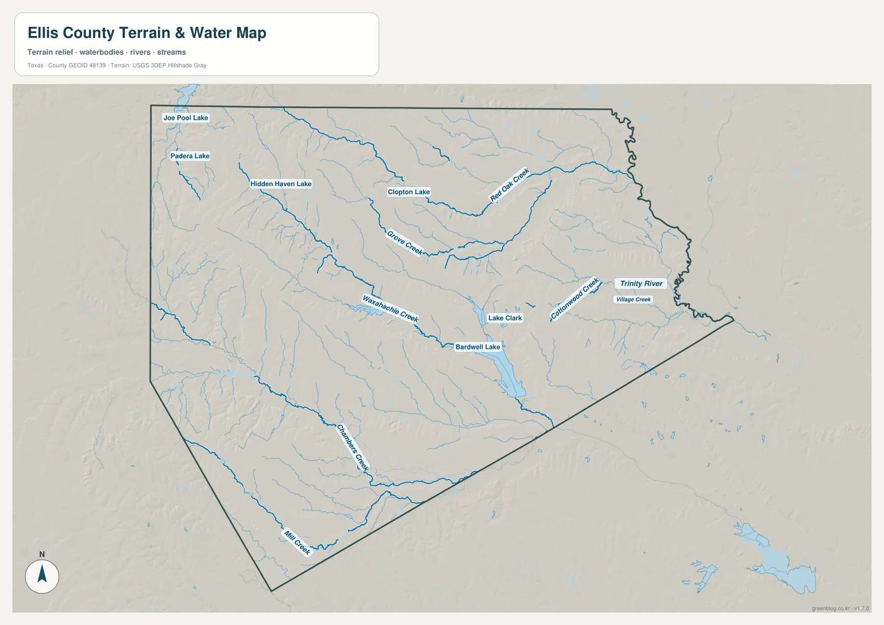 Waxahachie Creek, Bardwell Lake, Red Oak Creek, Grove Creek, Trinity River와 Chambers Creek을 표시한 엘리스 카운티 수역 지도