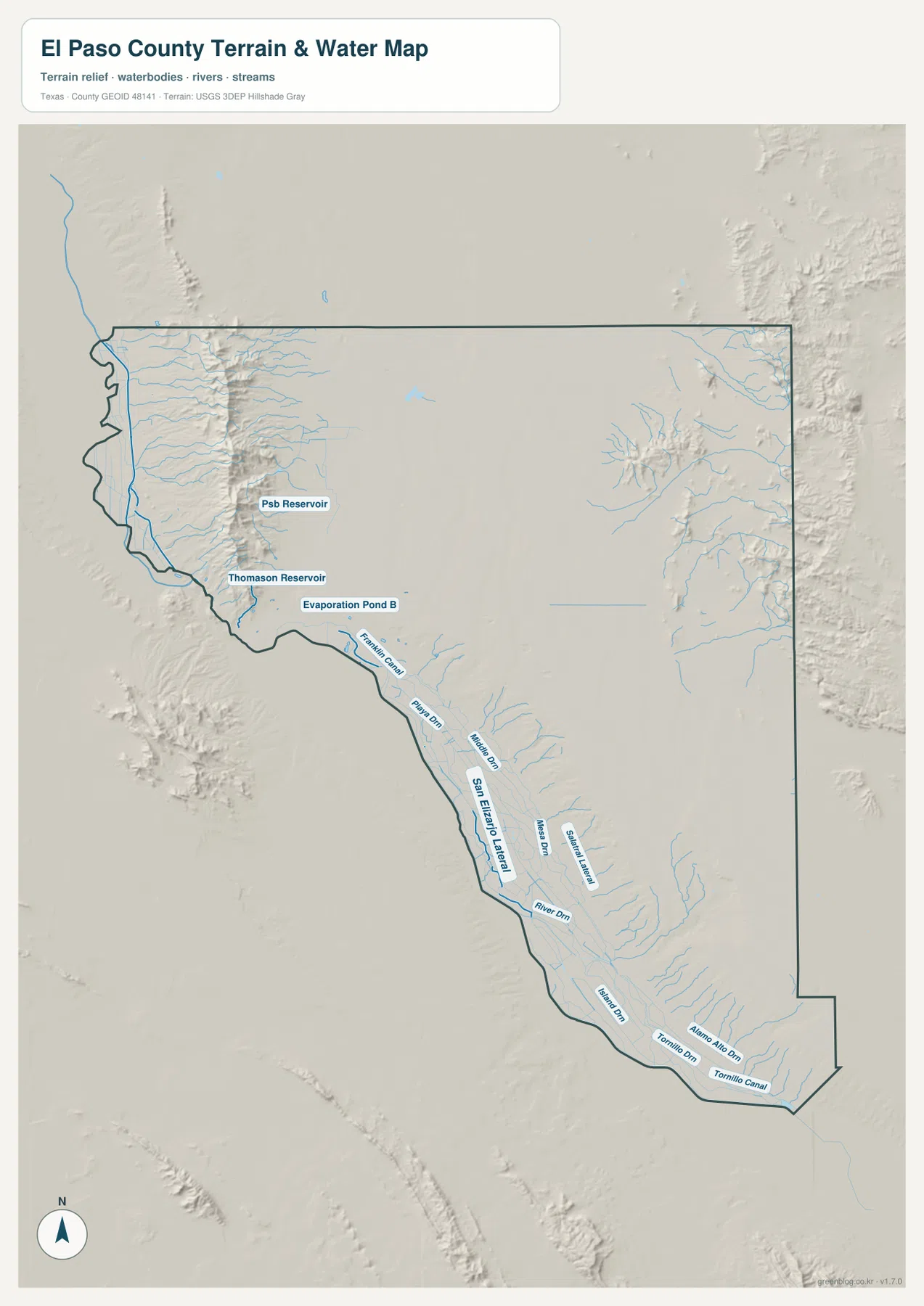 Rio Grande, Franklin Canal, San Elizario Lateral, Tornillo Canal과 여러 배수로를 표시한 엘패소 카운티 수역 지도