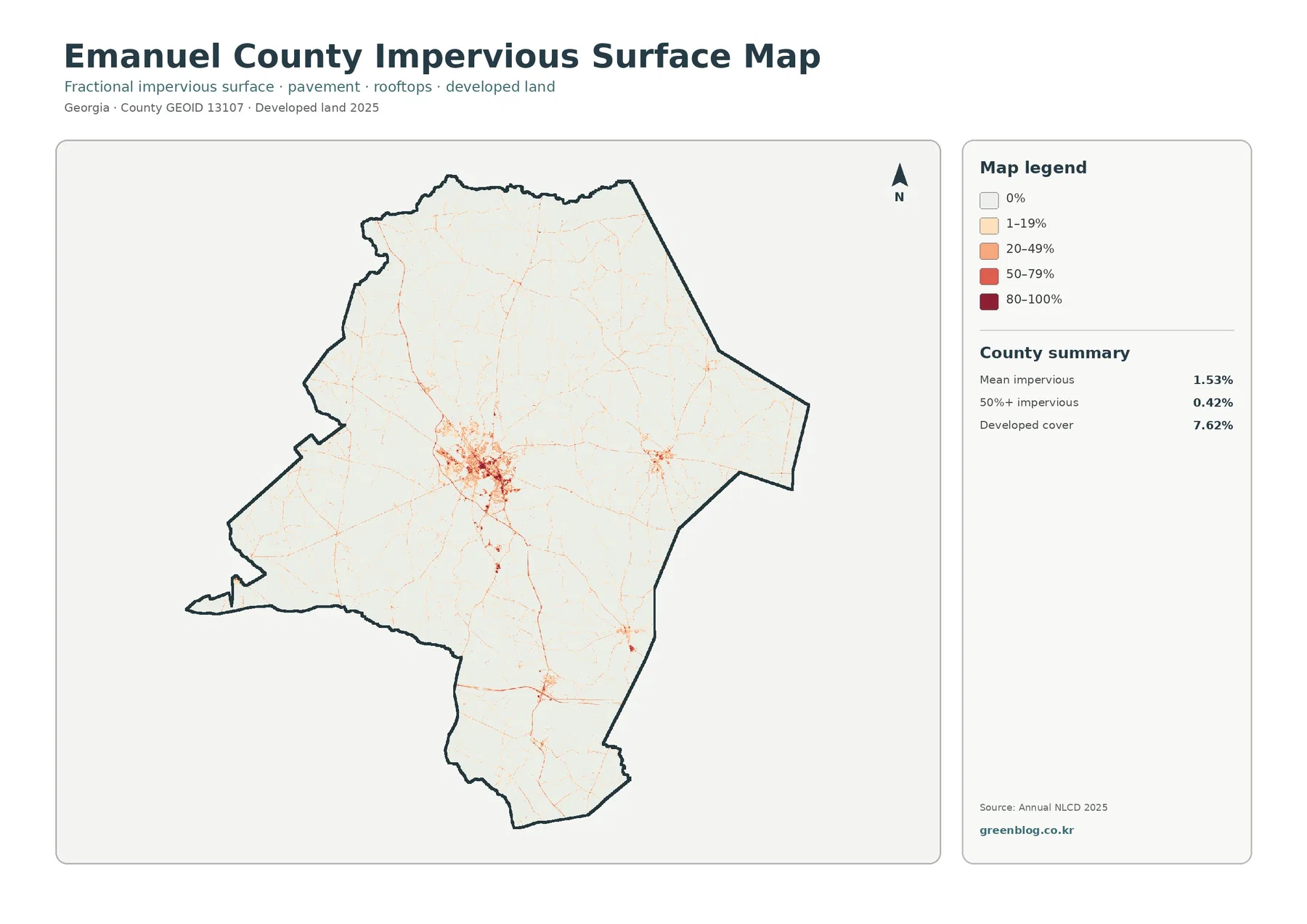 Emanuel County impervious surface and developed land map