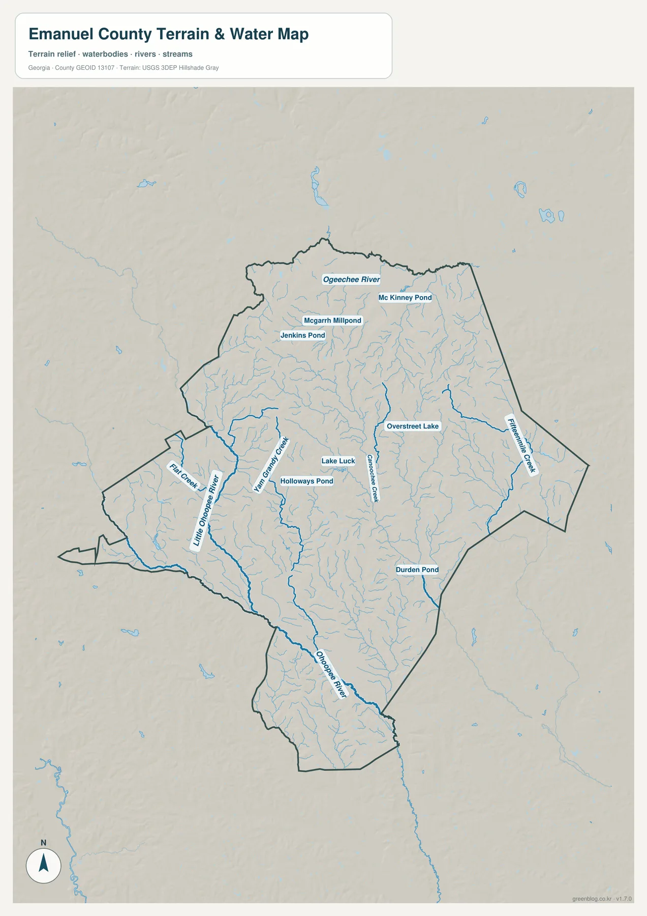 이매뉴얼 카운티 수역 지도에 표시된 Ogeechee River, Little Ohoopee River, Ohoopee River와 지류