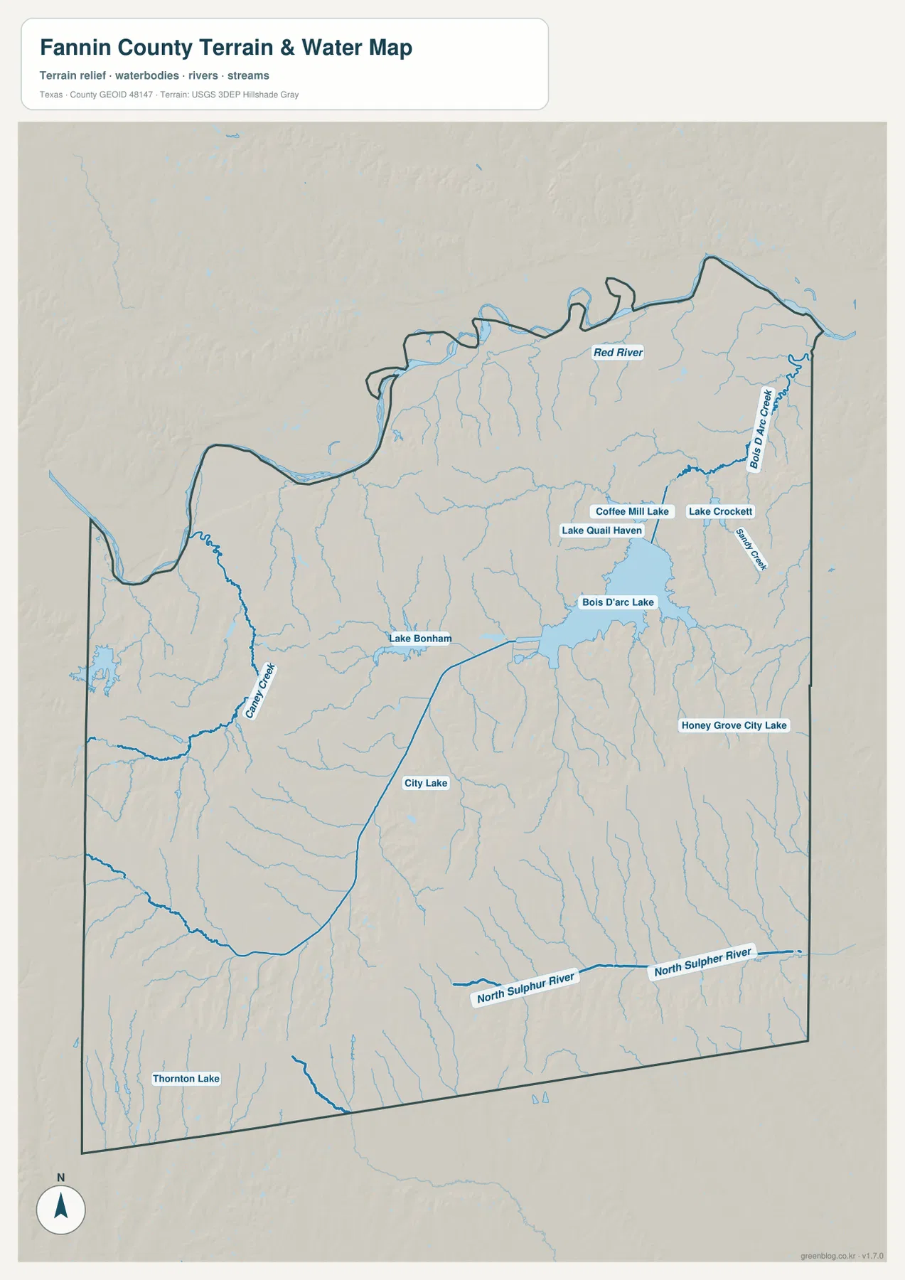 패닌 카운티의 레드강, 보이다크호, Lake Bonham, North Sulphur River와 지류를 보여 주는 수역 지도