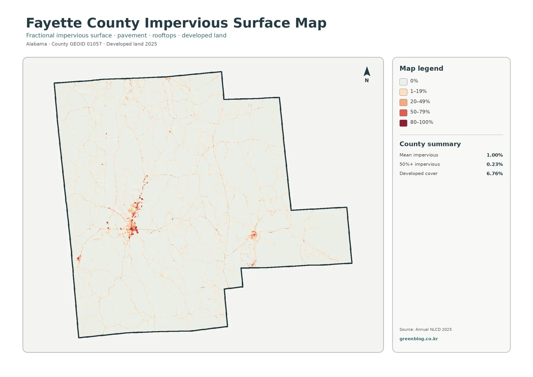 Fayette County impervious surface and developed land map