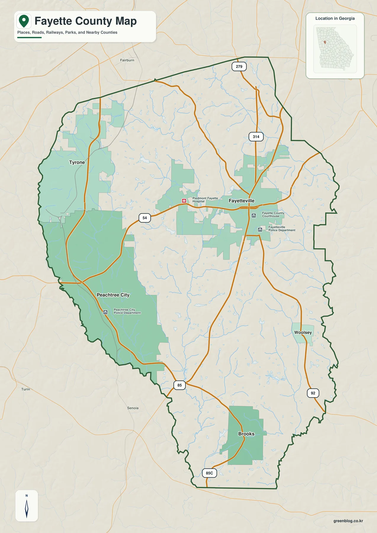 조지아주 페이엣 카운티 지도에 표시된 Fayetteville, Peachtree City, Tyrone, Woolsey, Brooks와 주요 도로