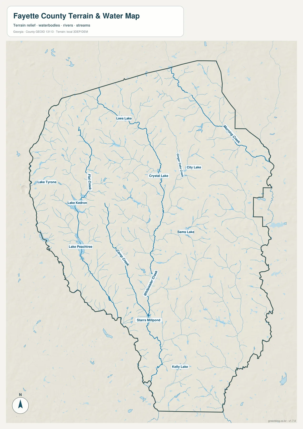 페이엣 카운티 수역 지도에 표시된 Lake Peachtree, Lake Kedron, Lake Tyrone, Morning Creek, Flat Creek, Line Creek, Whitewater Creek