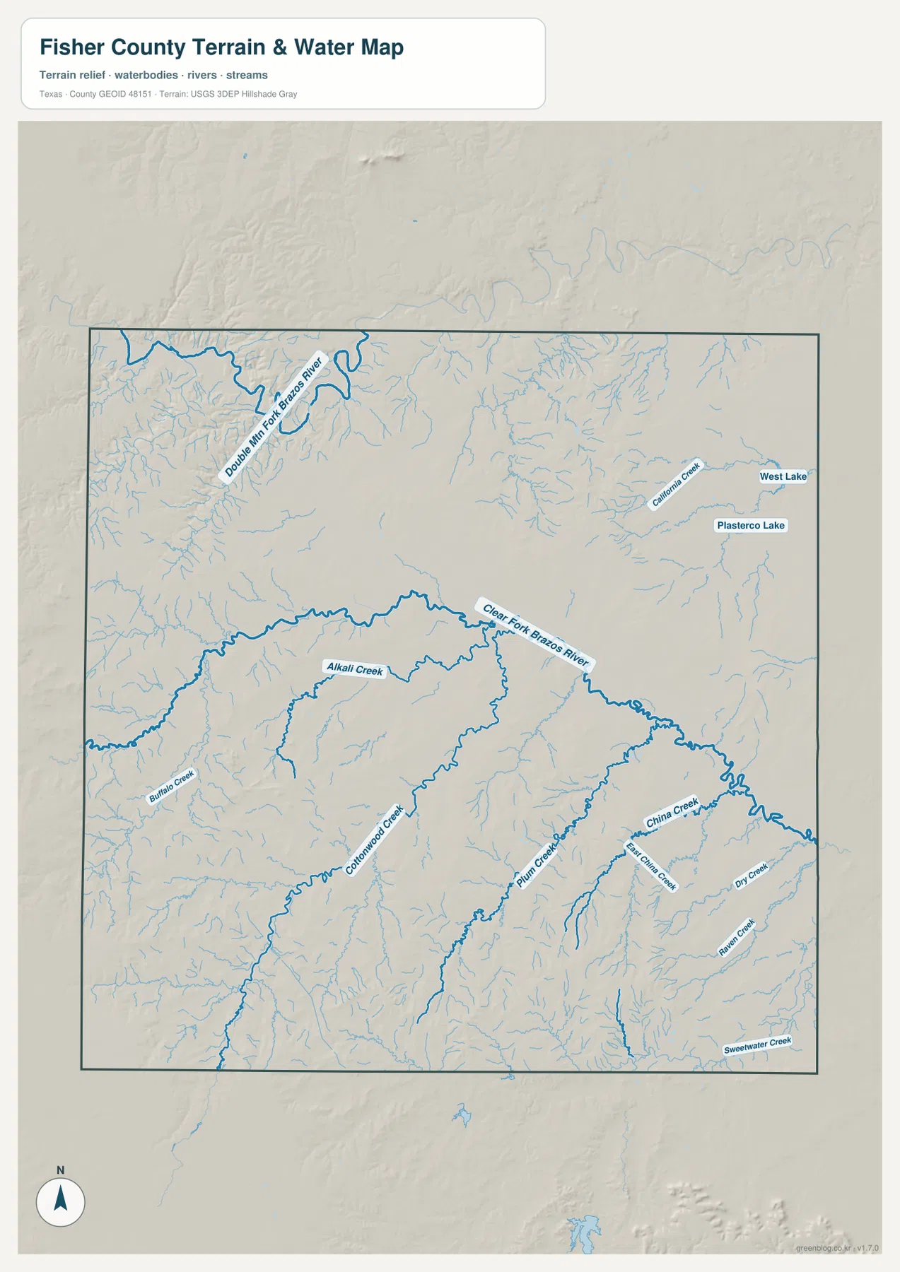 피셔 카운티의 Clear Fork Brazos River, Double Mountain Fork Brazos River와 주요 크리크를 보여 주는 수역 지도