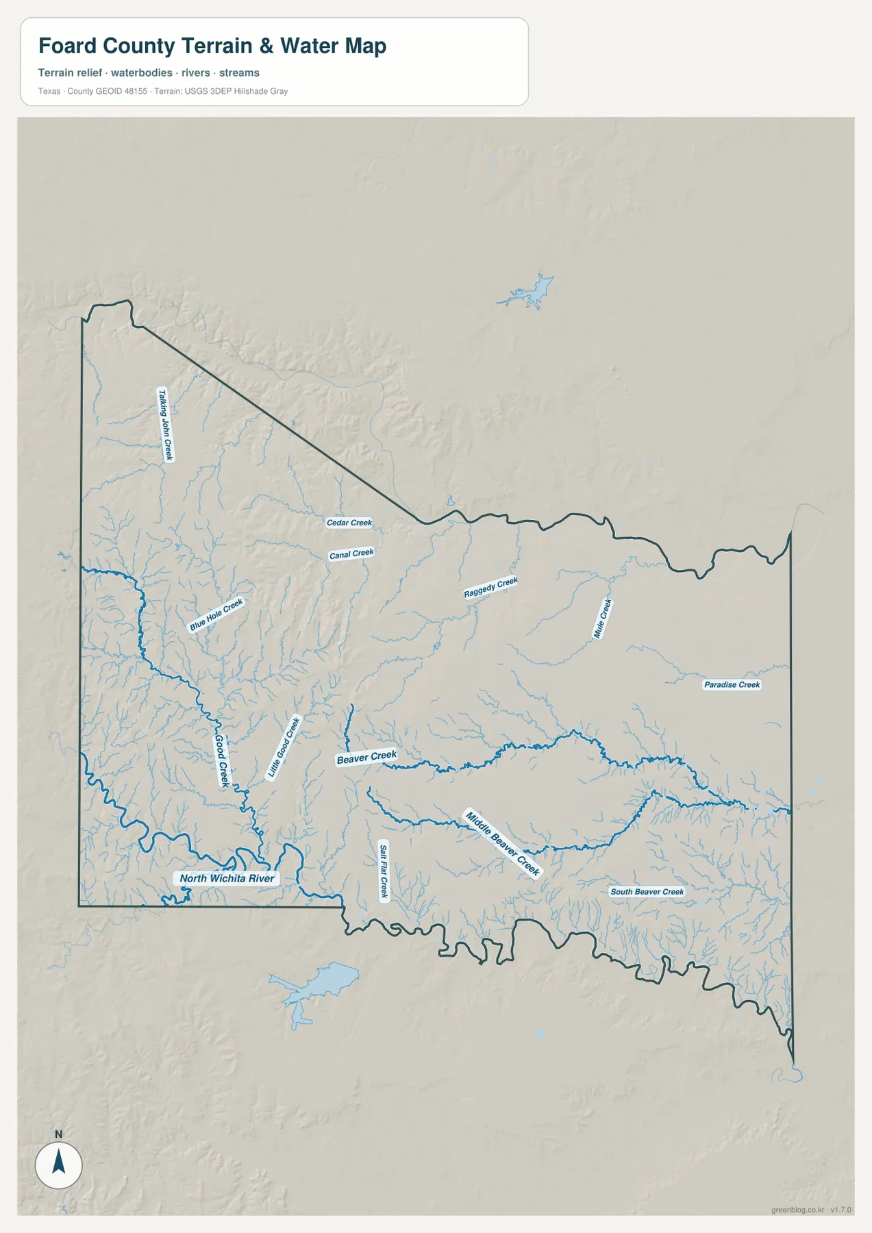포어드 카운티의 Beaver Creek, Middle Beaver Creek, North Wichita River와 여러 지류를 보여 주는 수역 지도