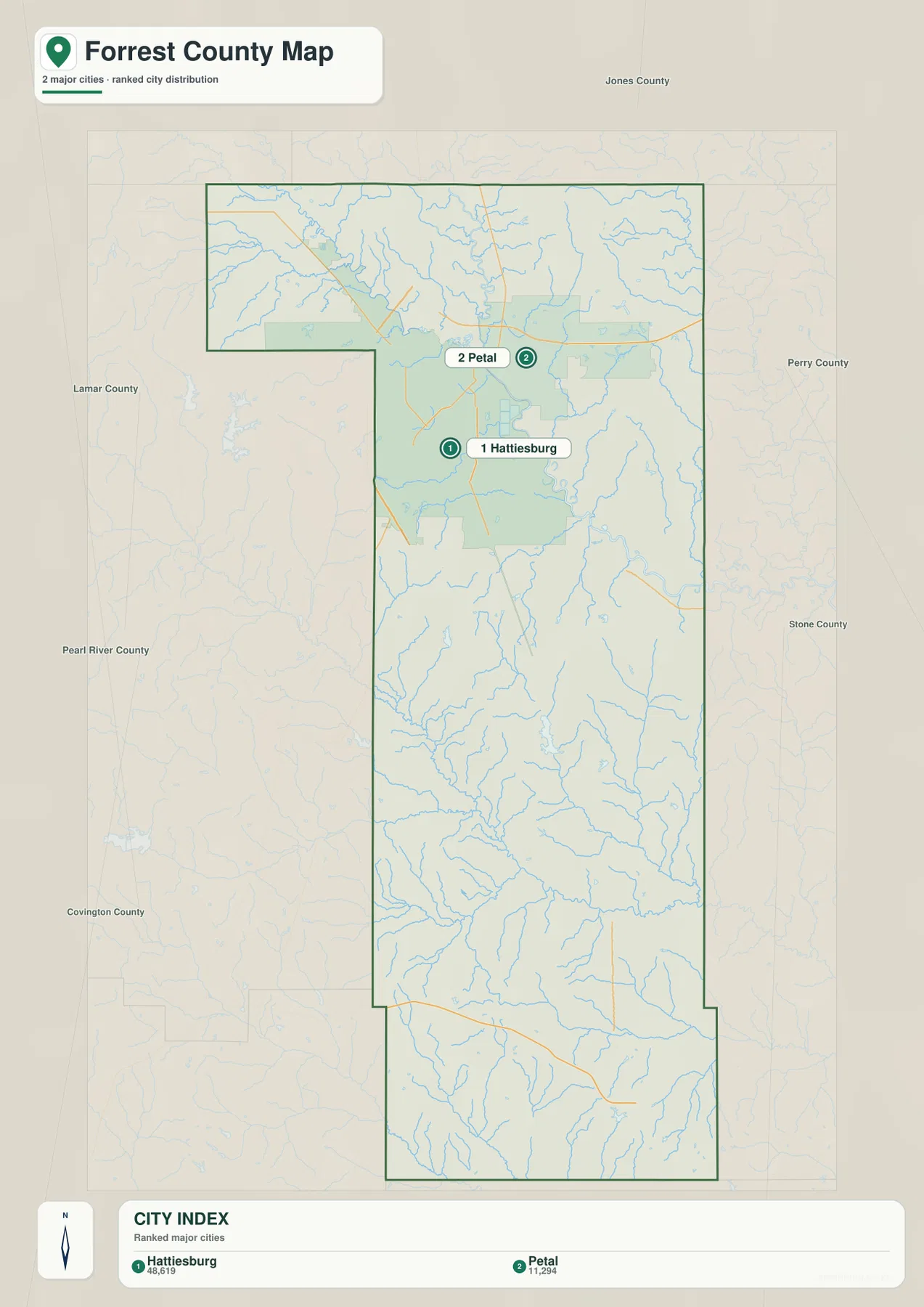 Forrest County city map showing Hattiesburg and Petal