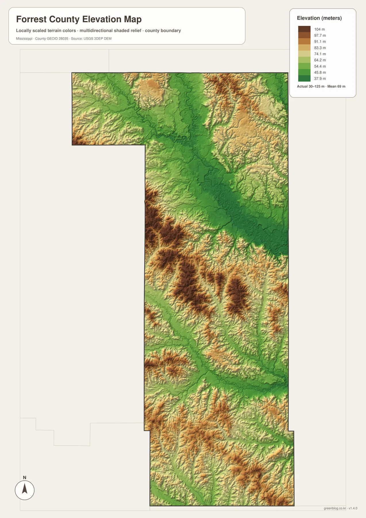 Forrest County elevation map showing 30 to 125 meter terrain
