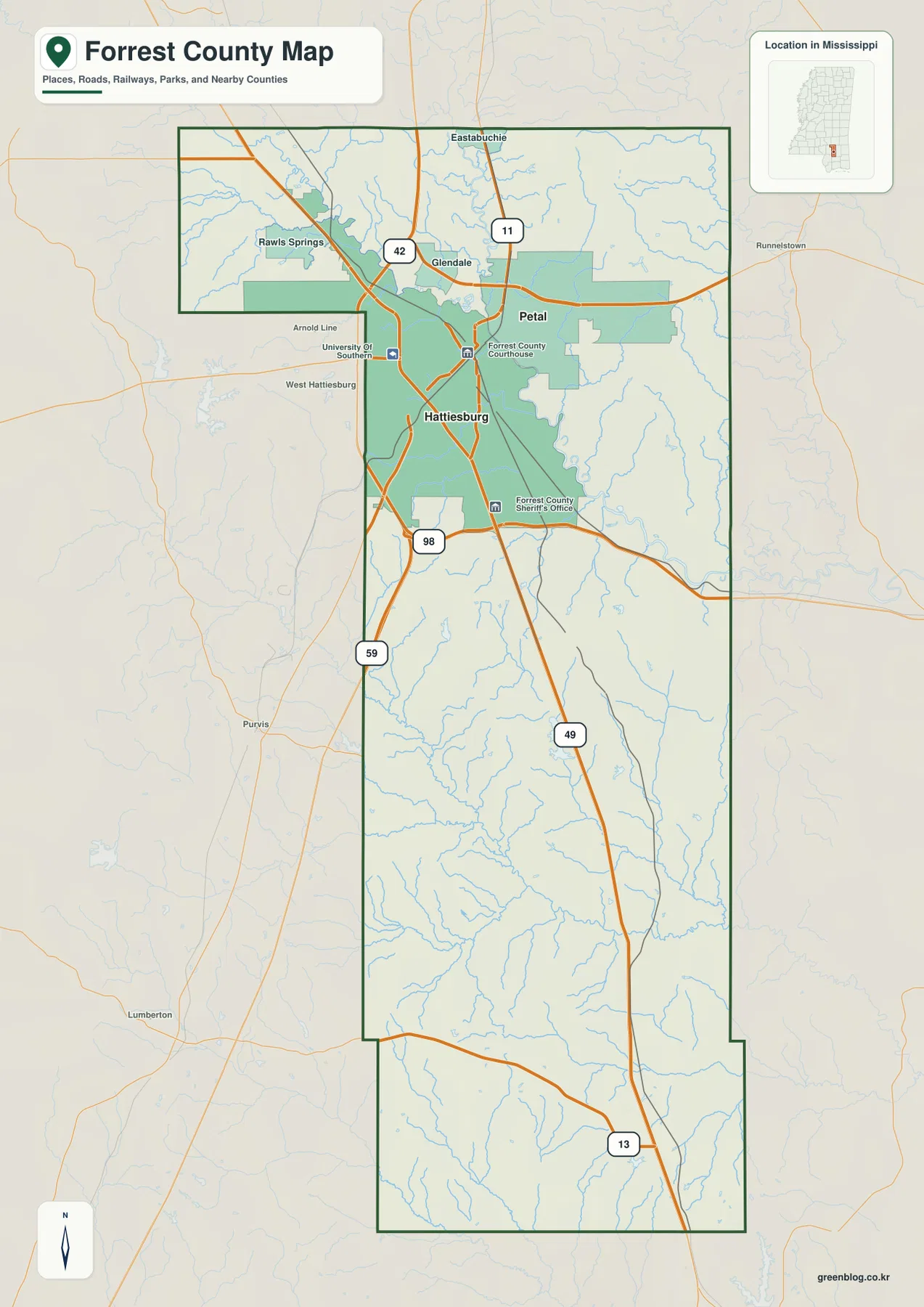 Forrest County Map showing Hattiesburg, Petal, roads, county boundary, and nearby places