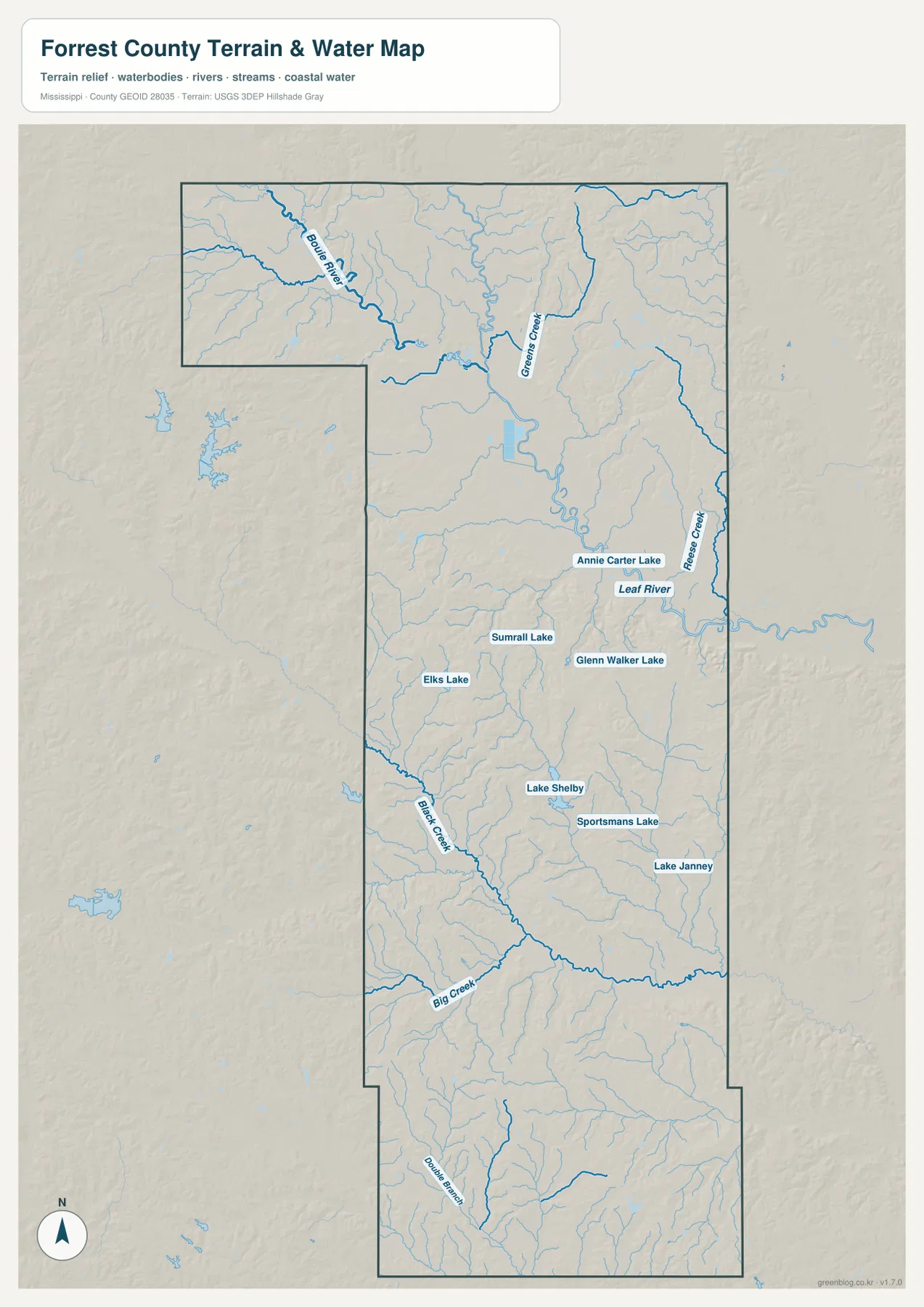 Forrest County water map with Leaf River, Bouie River, creeks, and lakes