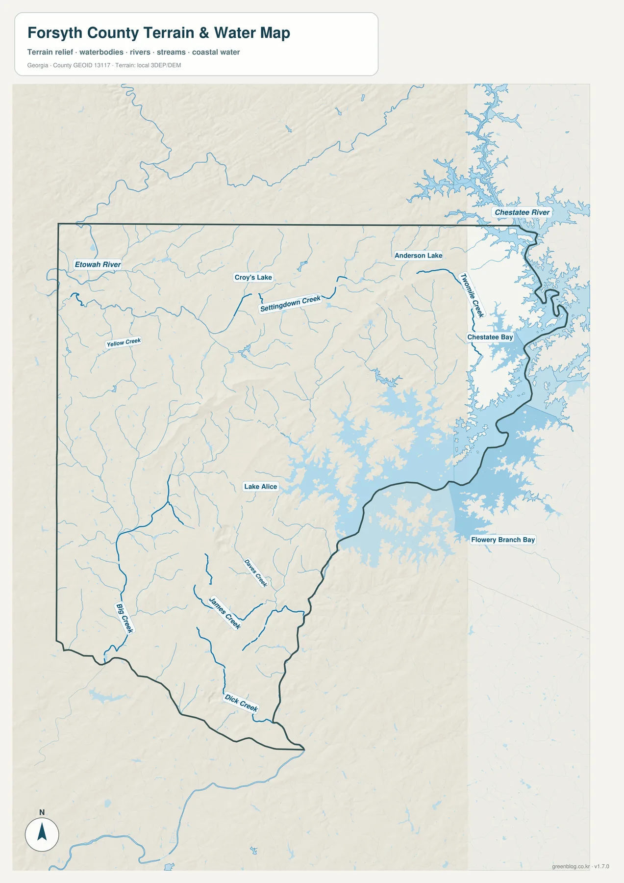 포사이스 카운티 수역 지도에 표시된 Chestatee River, Chestatee Bay, Settindown Creek, Big Creek, James Creek와 여러 호수