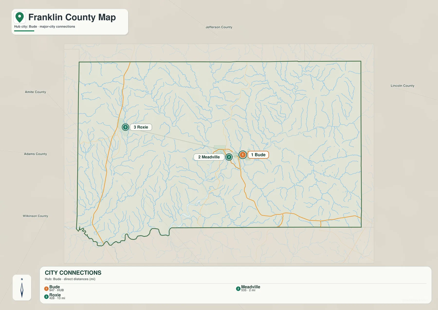 Franklin County city map showing Bude, Meadville and Roxie distances