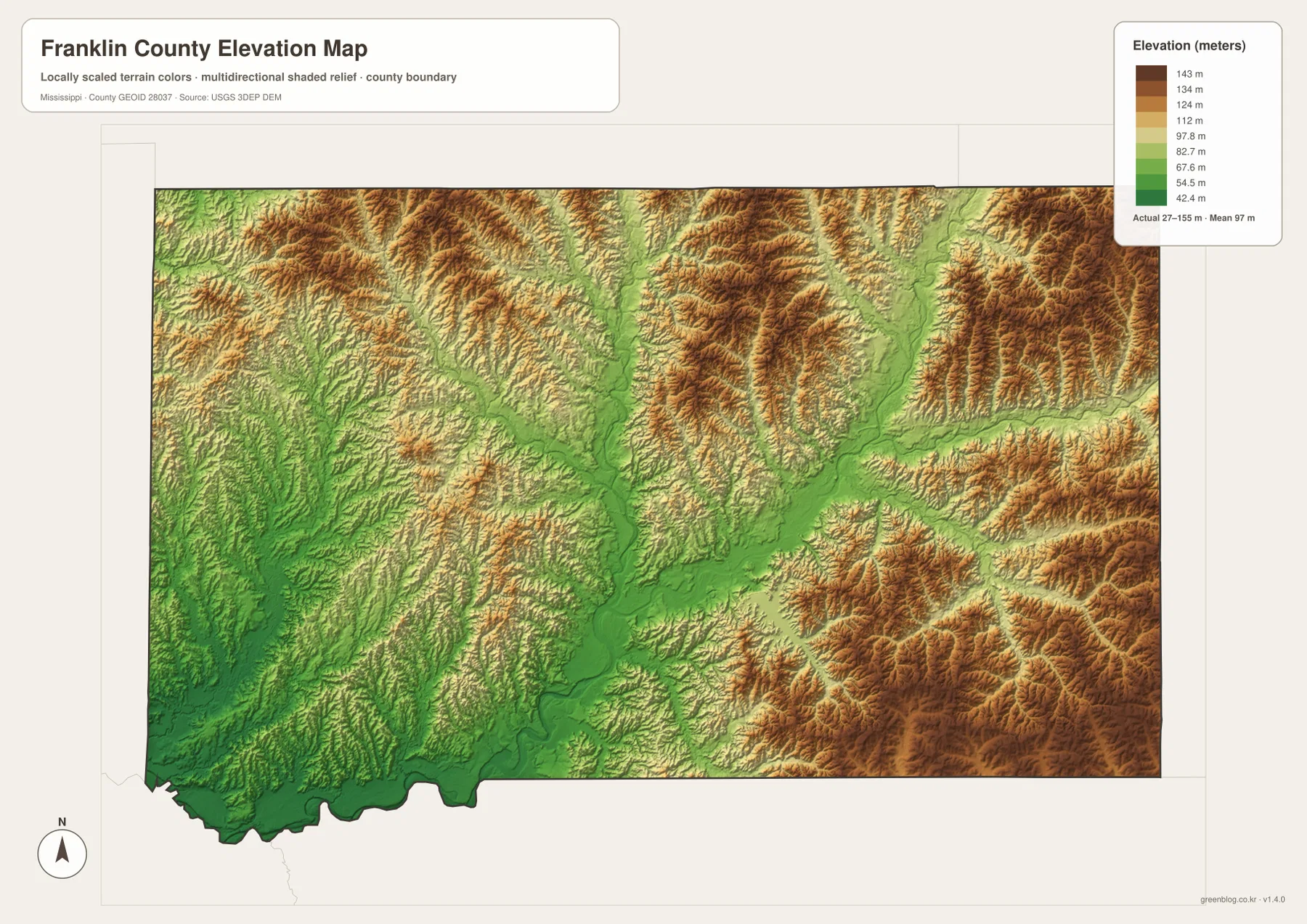 Franklin County Mississippi elevation map showing 27 to 155 meters of relief