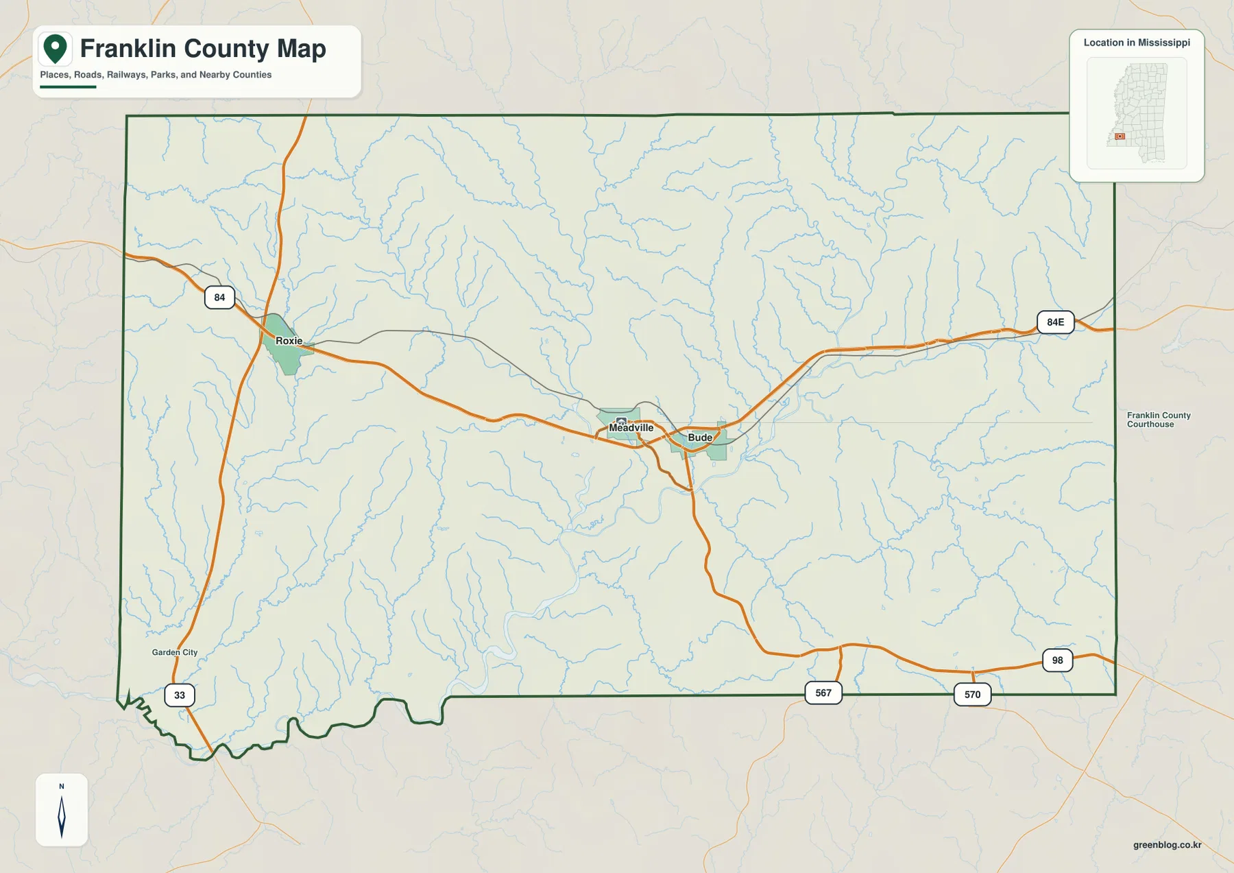 Franklin County Mississippi map with Bude, Meadville, Roxie, US 84 and state roads