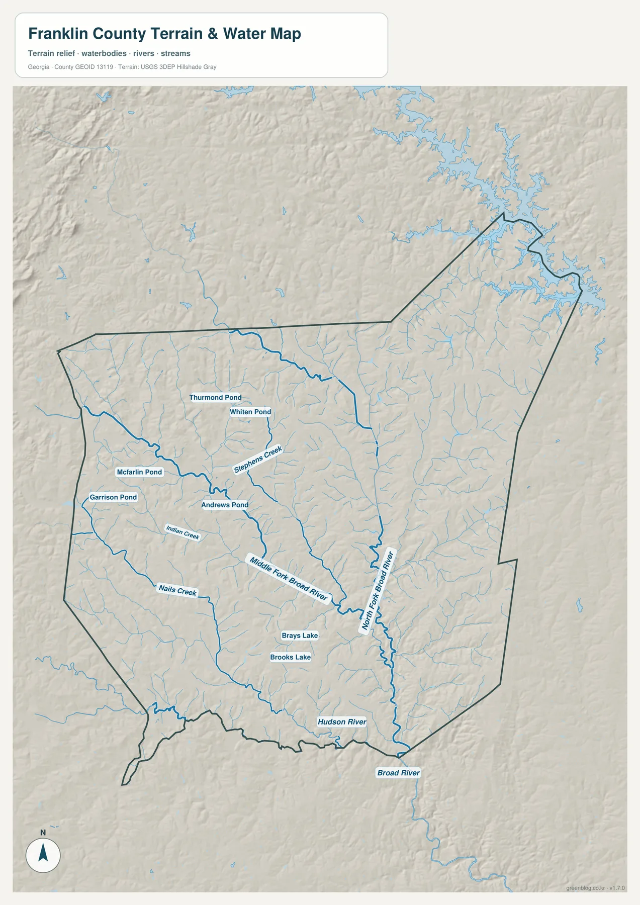 프랭클린 카운티 수역 지도에 표시된 North Fork Broad River, Middle Fork Broad River, Broad River, Hudson River와 주요 지류