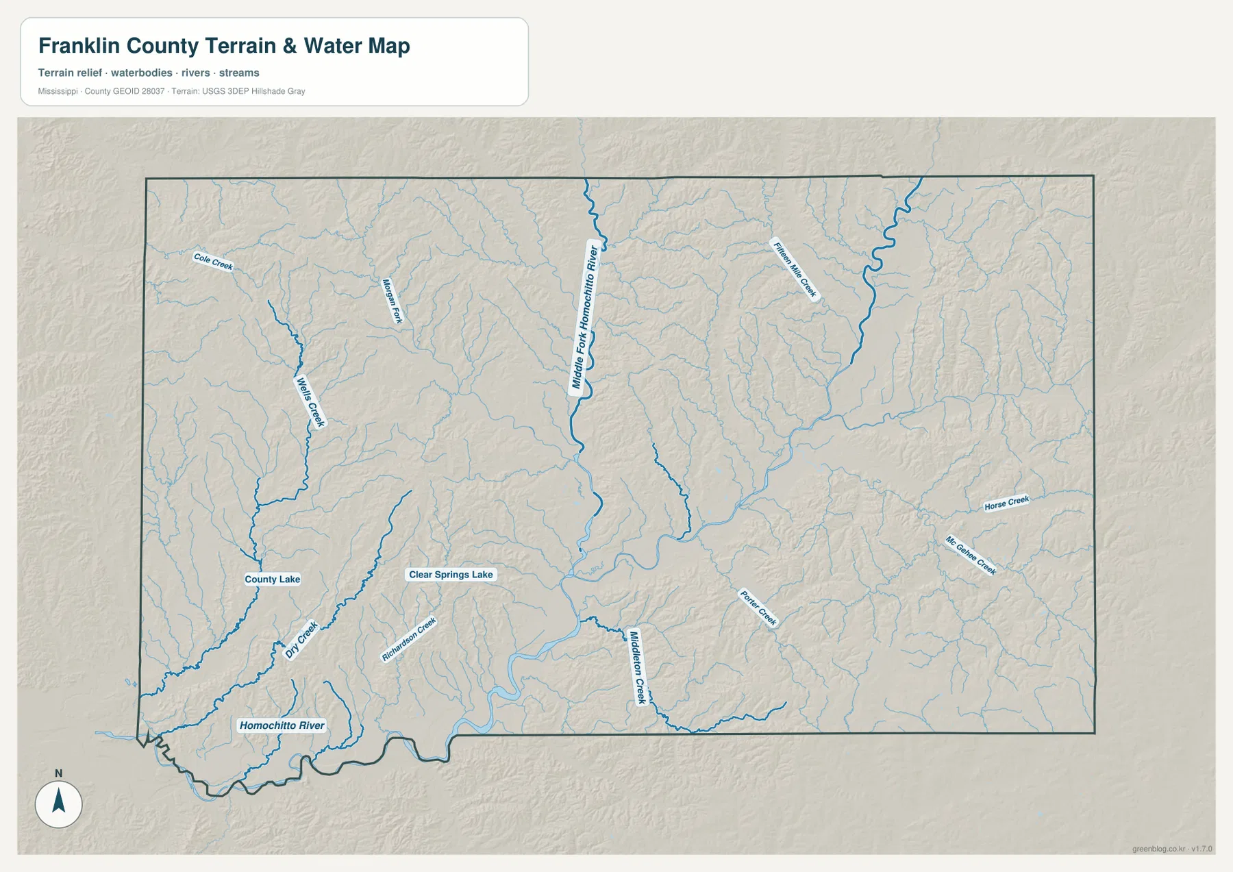 Franklin County Mississippi water map with Middle Fork Homochitto River and tributaries