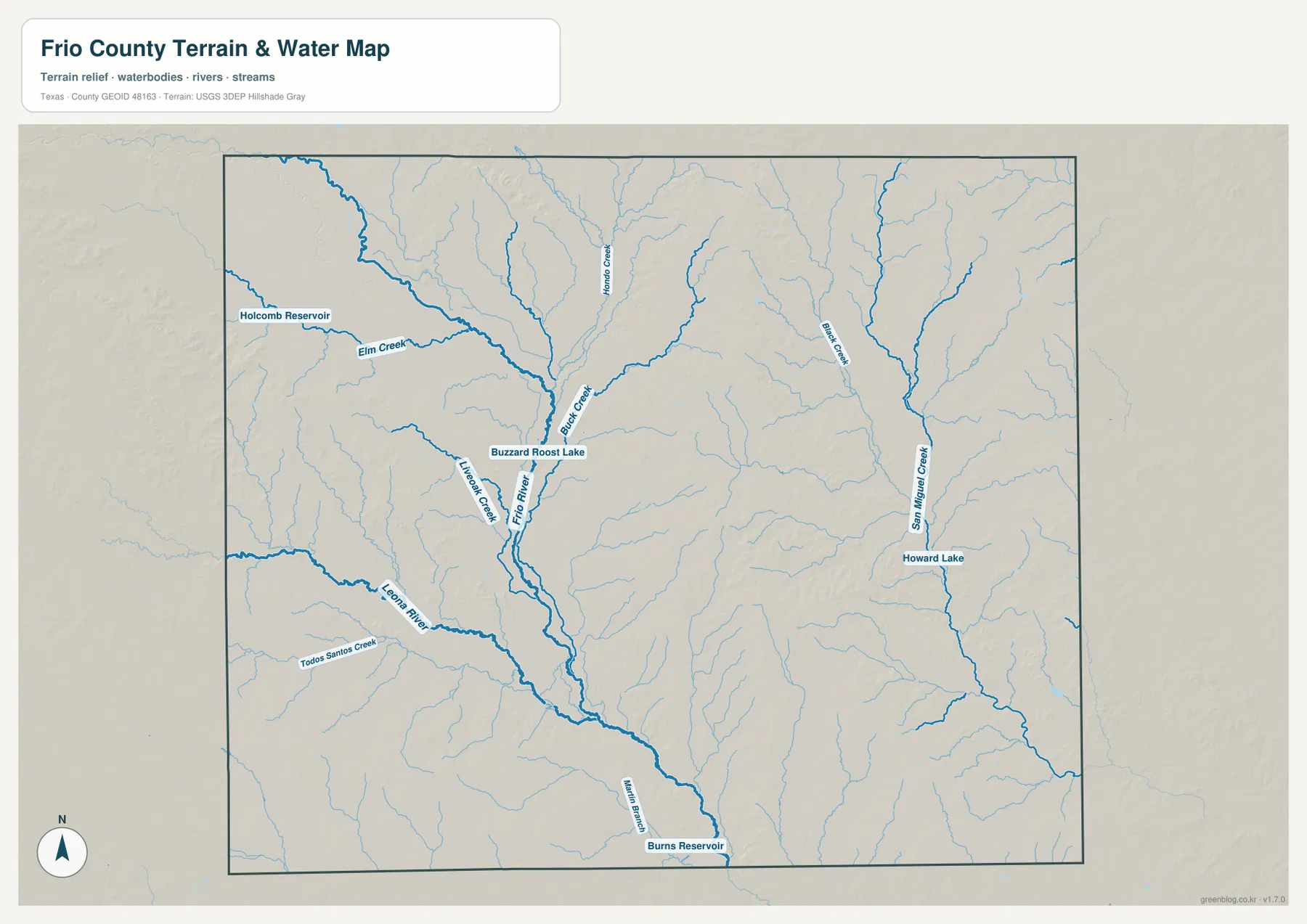 프리오 카운티의 Frio River, Leona River, Buck Creek, San Miguel Creek, Holcomb Reservoir와 Howard Lake를 보여 주는 수역 지도