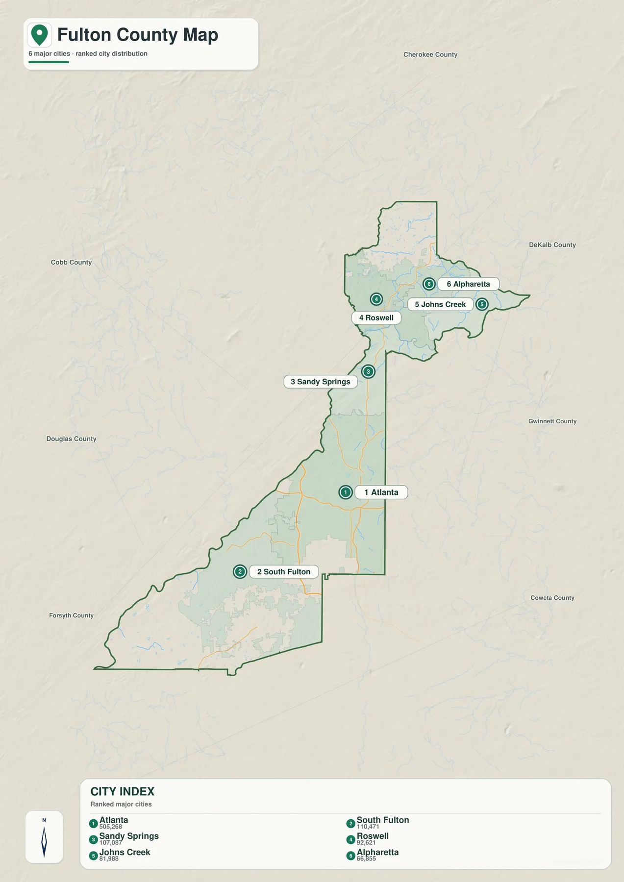 풀턴 카운티 도시 지도에 표시된 Atlanta, South Fulton, Sandy Springs, Roswell, Johns Creek, Alpharetta