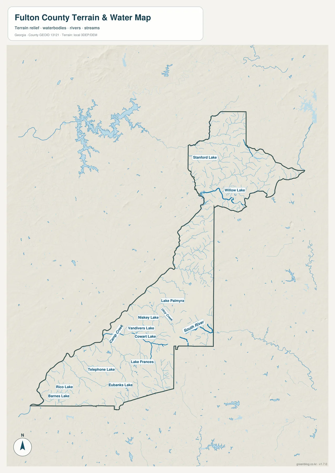풀턴 카운티 수역 지도에 표시된 South River, Utoy Creek, Camp Creek, Stanford Lake, Willow Lake와 남부 호수