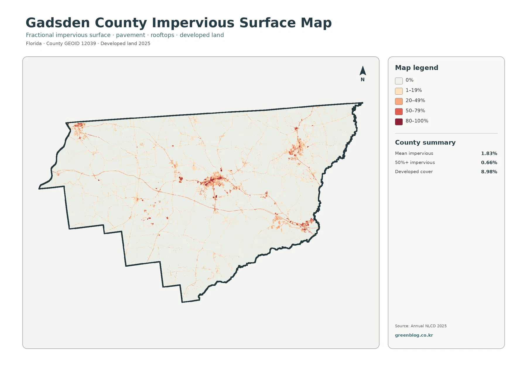 Gadsden County impervious surface and developed land map