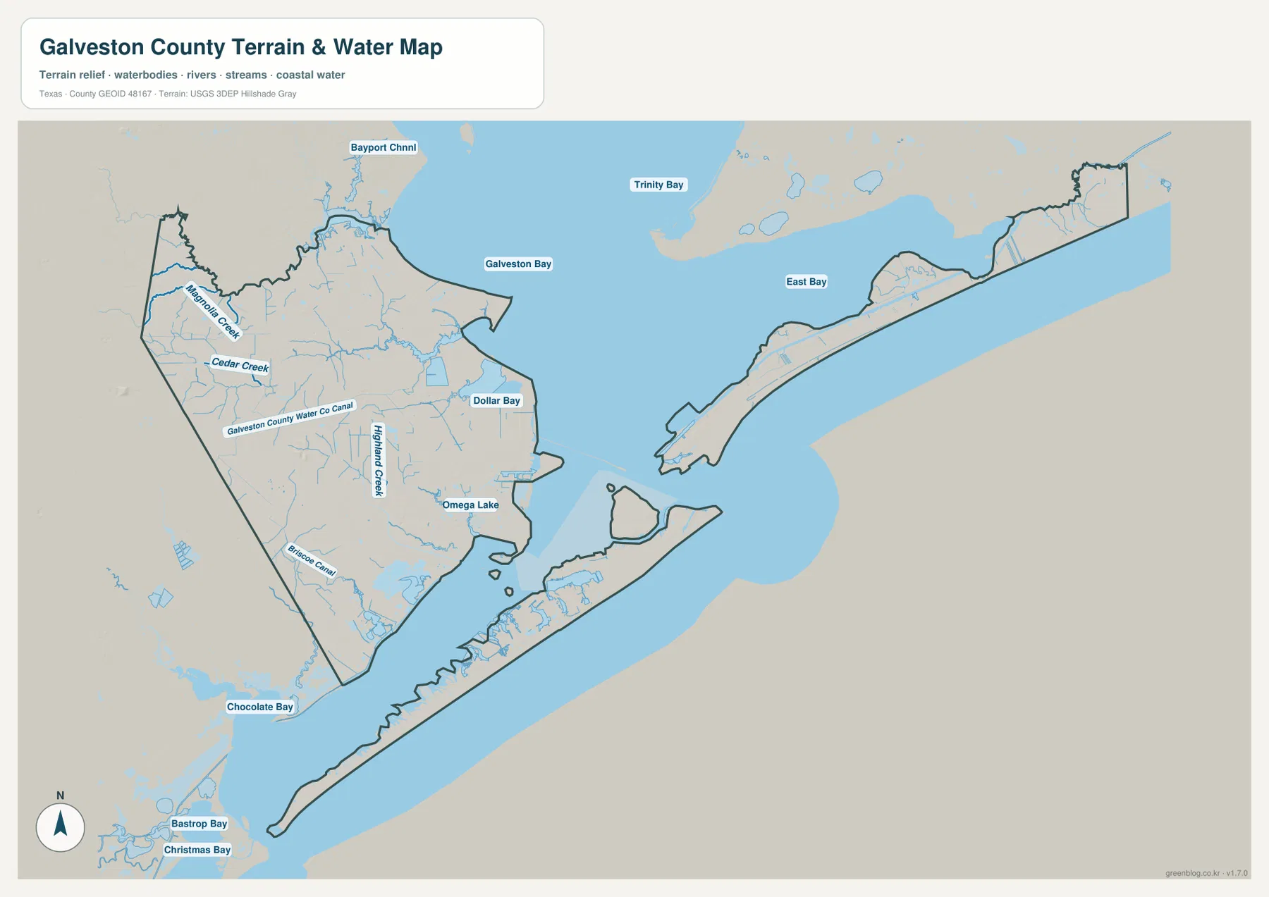 갤버스턴 카운티의 Galveston Bay, Trinity Bay, East Bay, Chocolate Bay, Cedar Creek와 여러 운하를 보여 주는 수역 지도
