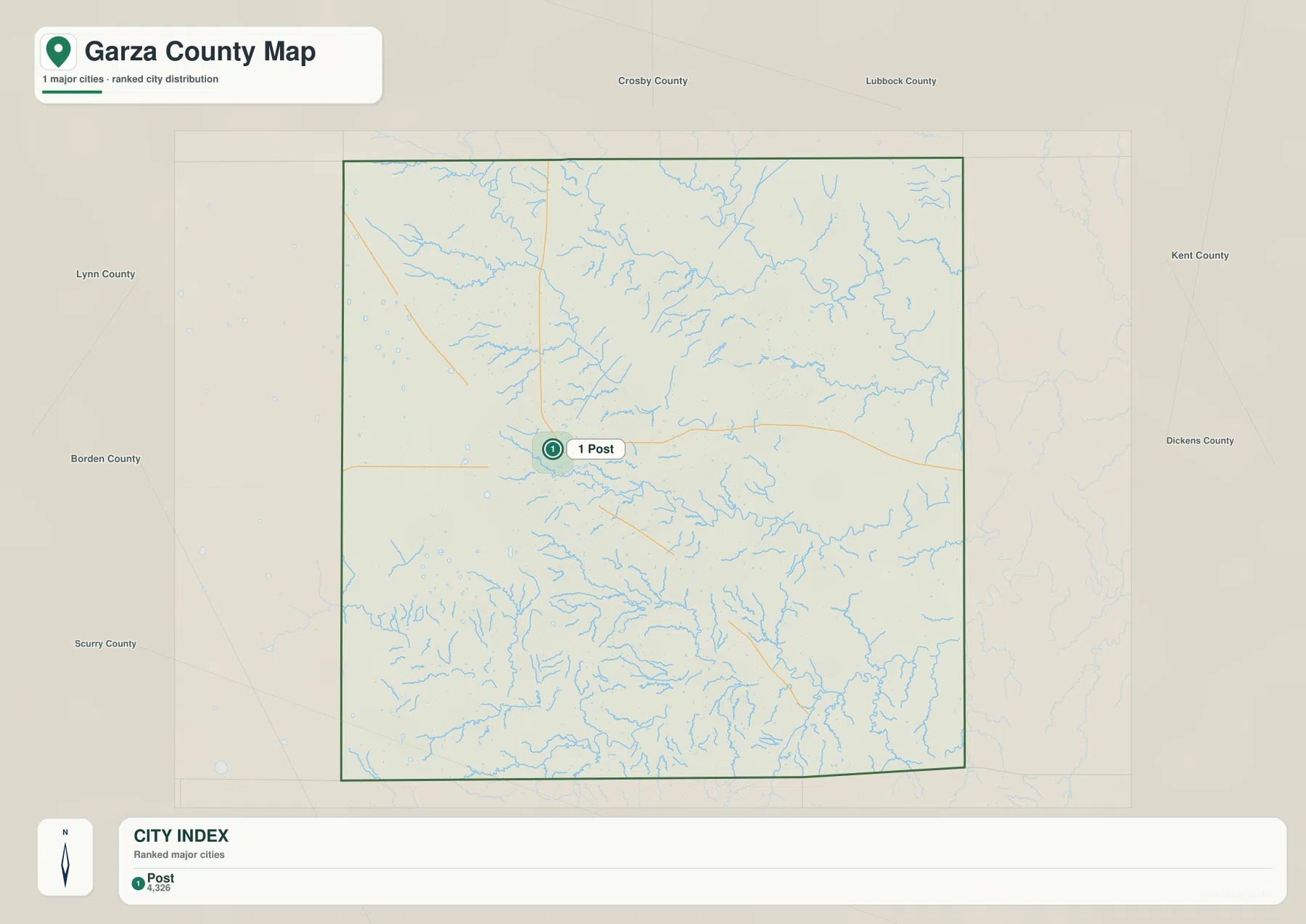 Garza County city map showing Post as the only ranked major city