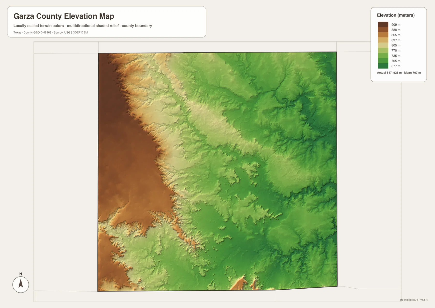 Garza County elevation map showing high western tableland and lower eastern Brazos River valleys across 647 to 925 meters