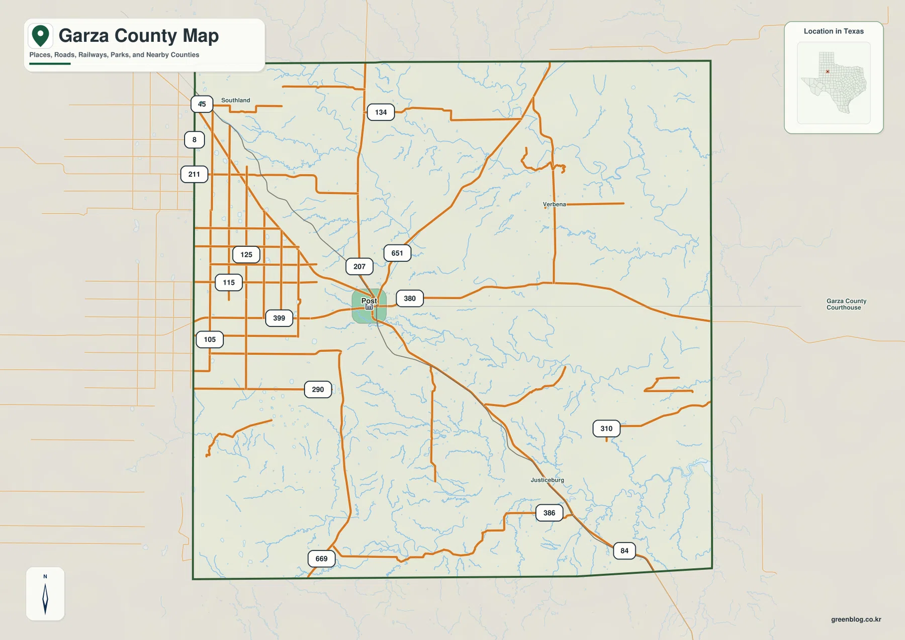 Garza County Texas map showing Post, Southland, Verbena, Justiceburg, U.S. 380, U.S. 84, Route 207, and local roads