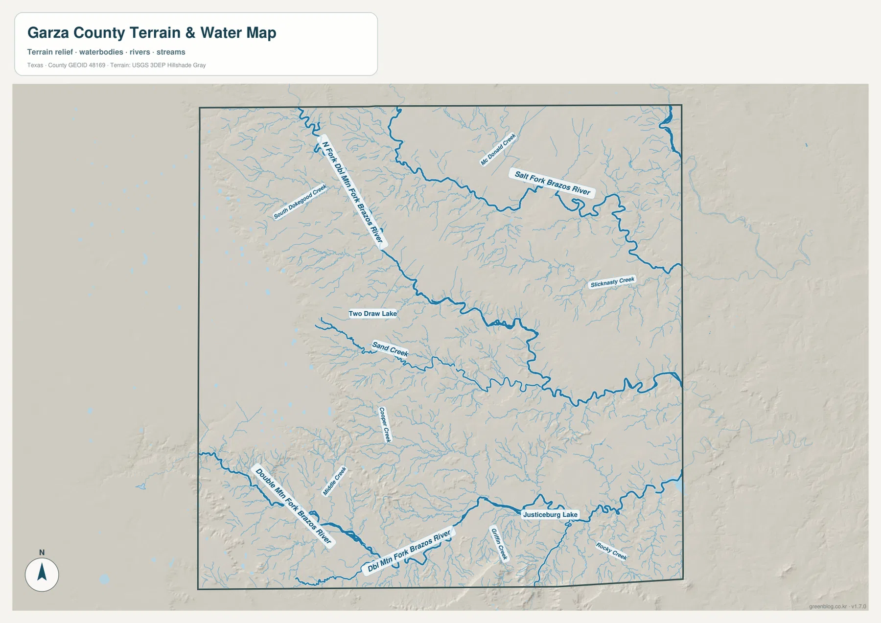 Garza County water map showing North Fork Double Mountain Fork Brazos River, Salt Fork Brazos River, Double Mountain Fork Brazos River, Two Draw Lake, and Justiceburg Lake