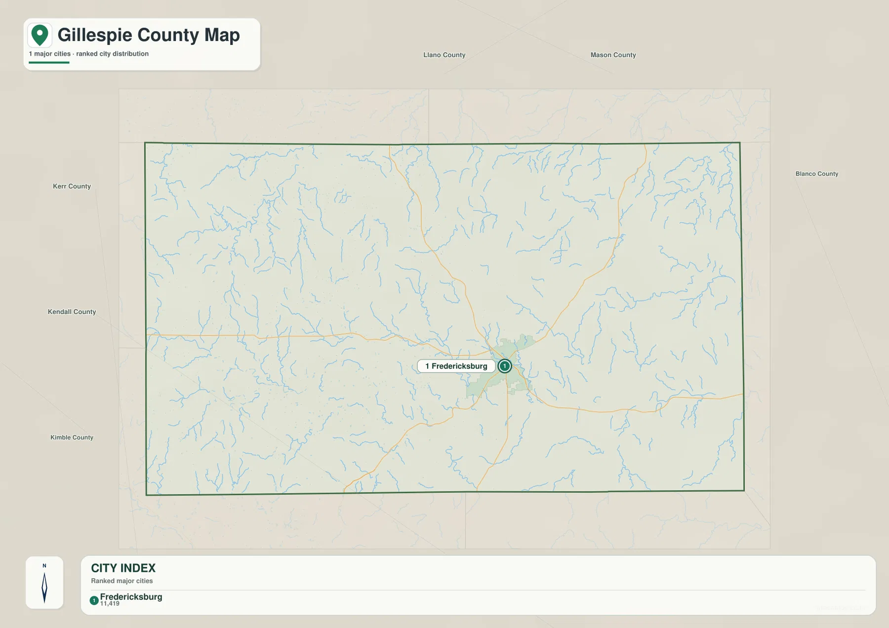 Gillespie County city map showing Fredericksburg as the only ranked major city