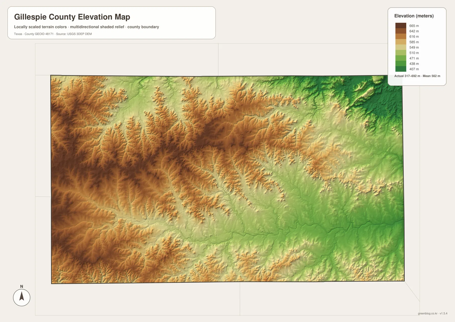 Gillespie County elevation map showing higher western and southwestern uplands and lower eastern creek valleys across 317 to 692 meters