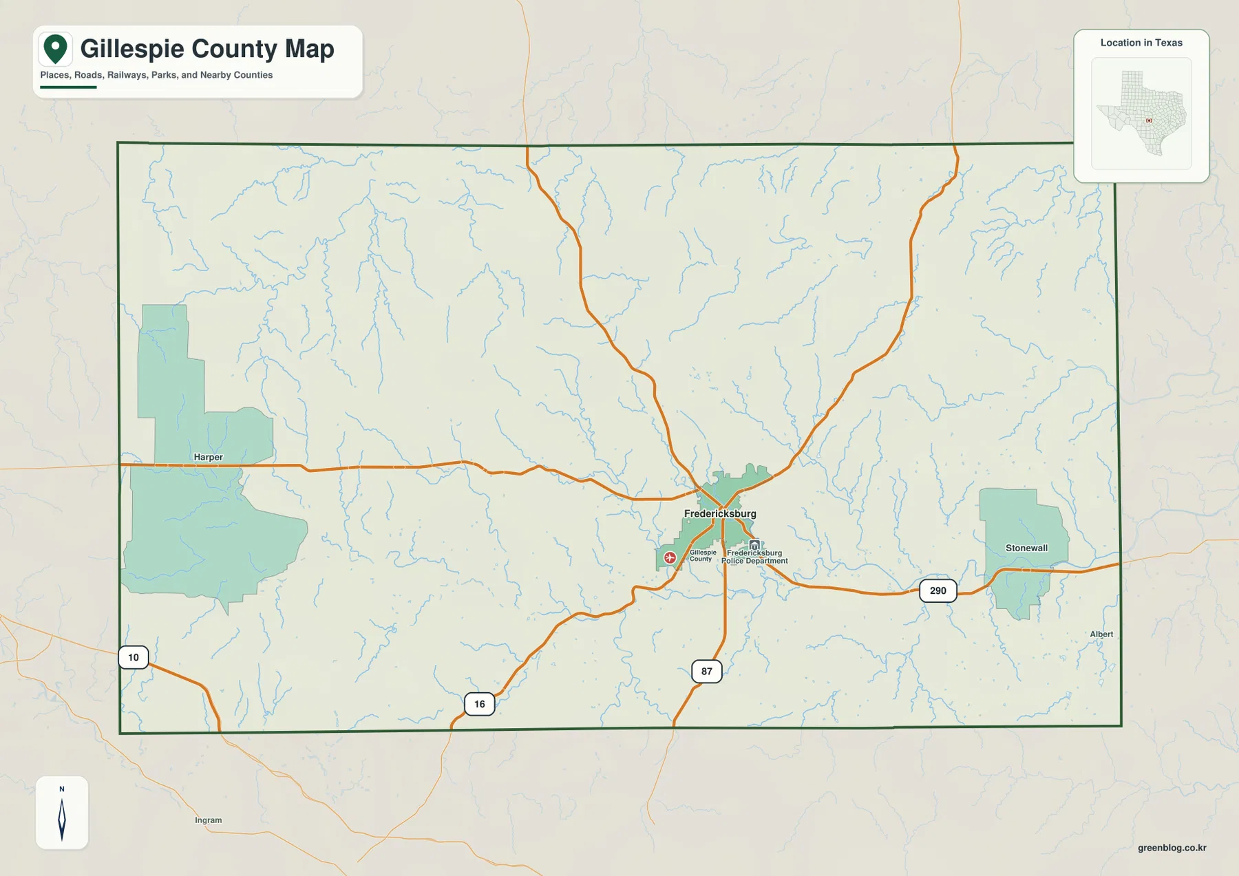 Gillespie County Texas map showing Fredericksburg, Harper, Stonewall, U.S. 290, U.S. 87, Highway 16, local roads, and streams