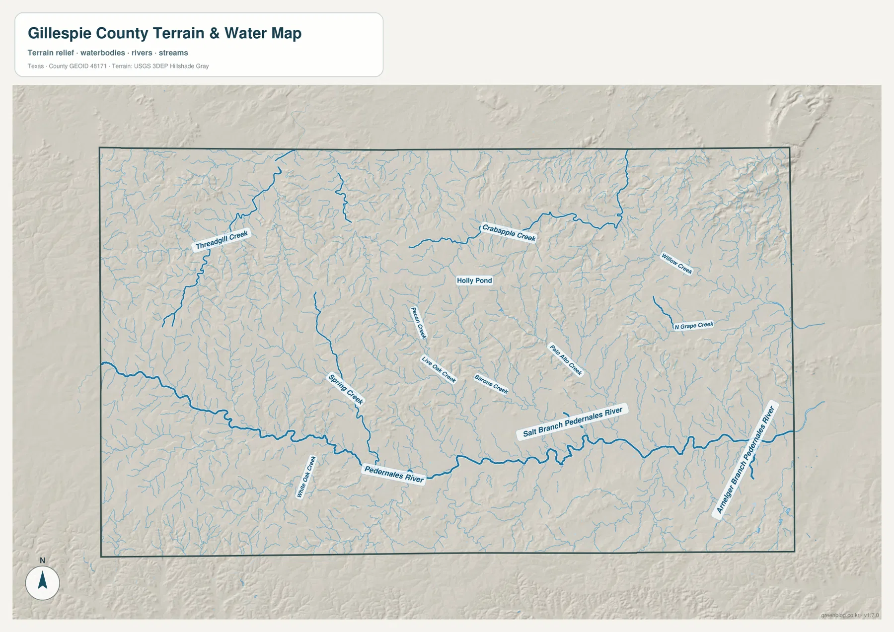 Gillespie County water map showing Pedernales River, Crabapple Creek, Barons Creek, Palo Alto Creek, North Grape Creek, and other tributaries
