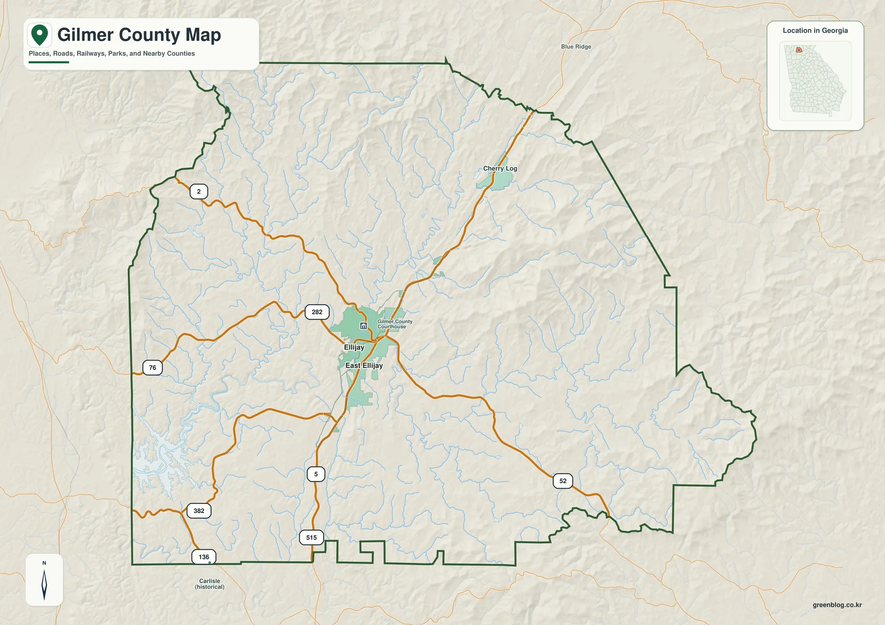 조지아주 길머 카운티 지도에 표시된 Ellijay, East Ellijay, Cherry Log와 주요 도로
