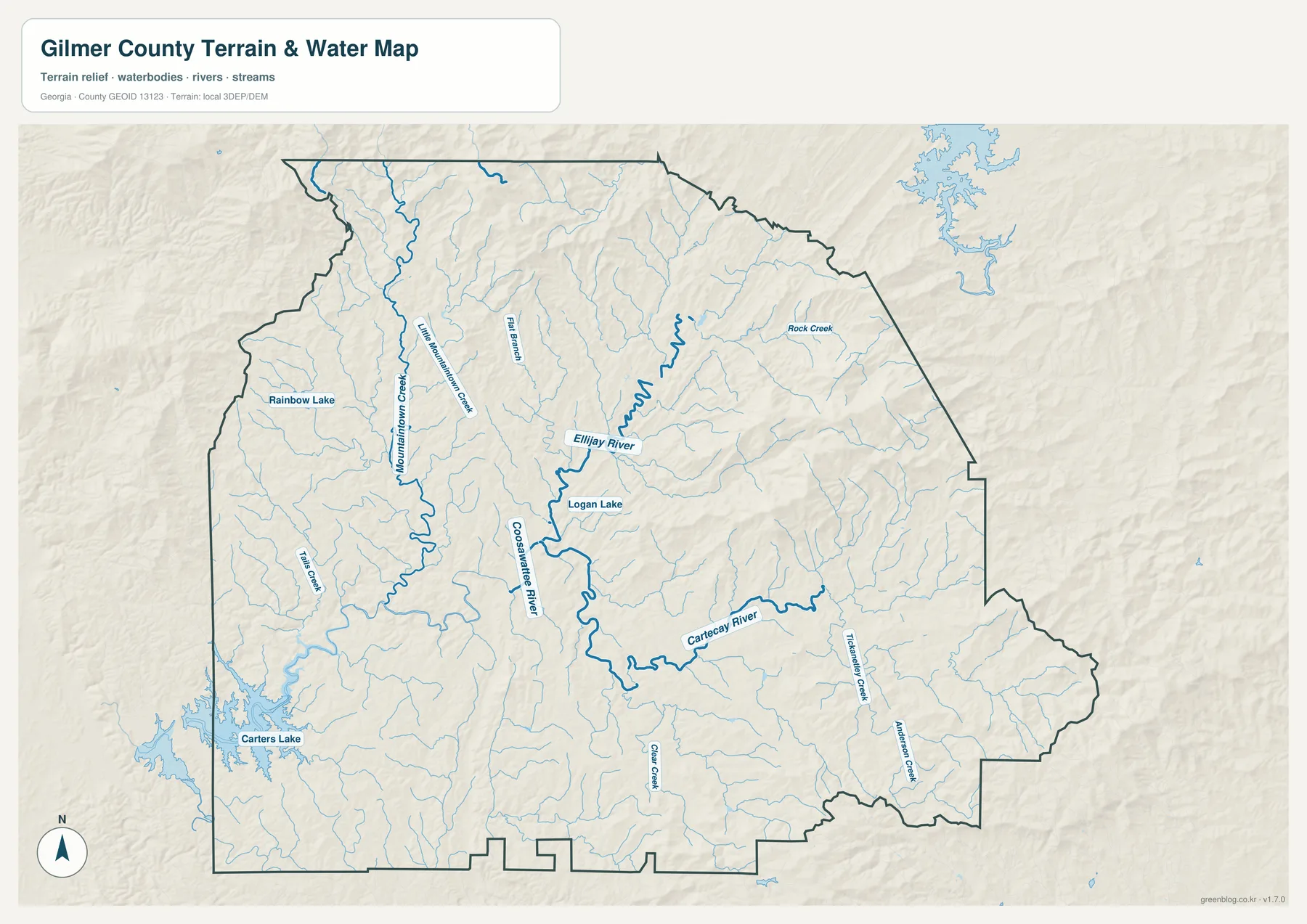 길머 카운티 수역 지도에 표시된 Ellijay River, Cartecay River, Coosawattee River, Mountaintown Creek, Carters Lake
