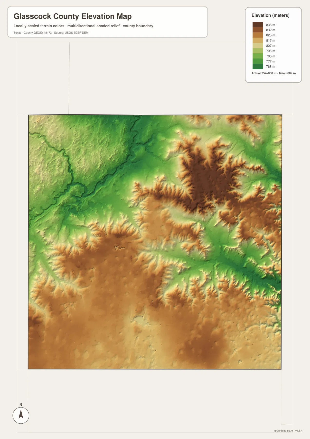 Glasscock County elevation map showing rolling high ground and lower creek valleys across an actual range of 752 to 850 meters