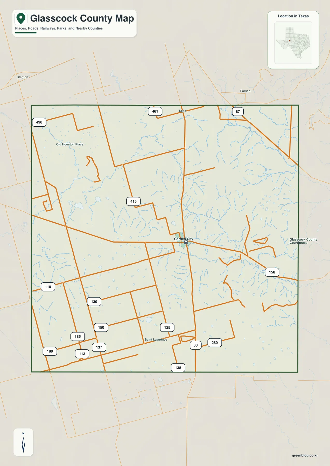 Glasscock County Texas map showing Garden City, Lees, Saint Lawrence, Route 158, Route 33, and other numbered roads