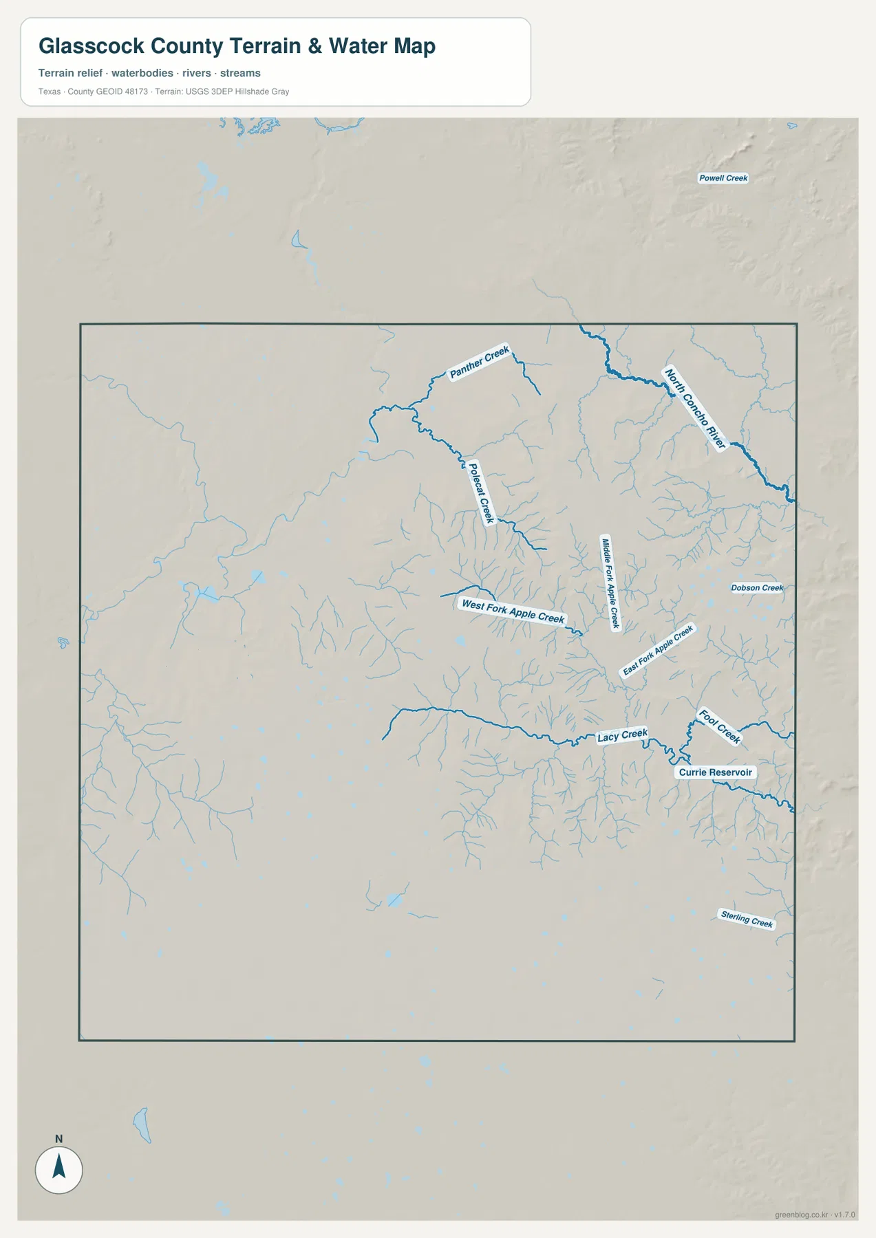 Glasscock County water map showing North Concho River, Panther Creek, Polecat Creek, West Middle and East Fork Apple Creek, Lacy Creek, and Currie Reservoir