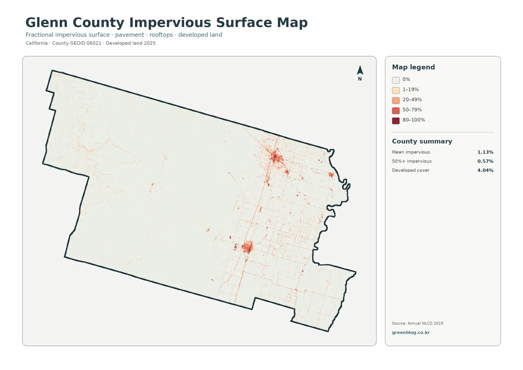 Glenn County impervious surface and developed land map