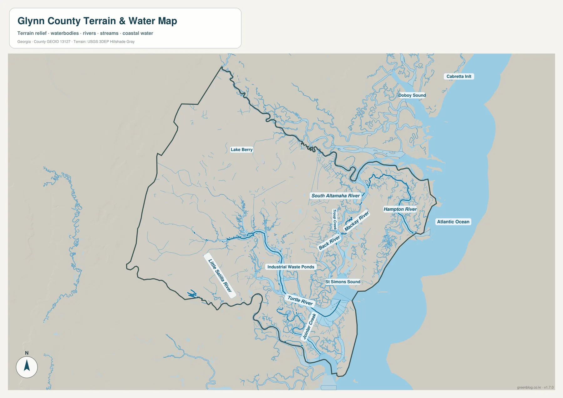 글린 카운티 수역 지도에 표시된 South Altamaha River, Mackay River, Hampton River, Turtle River, Little Satilla River와 St Simons Sound
