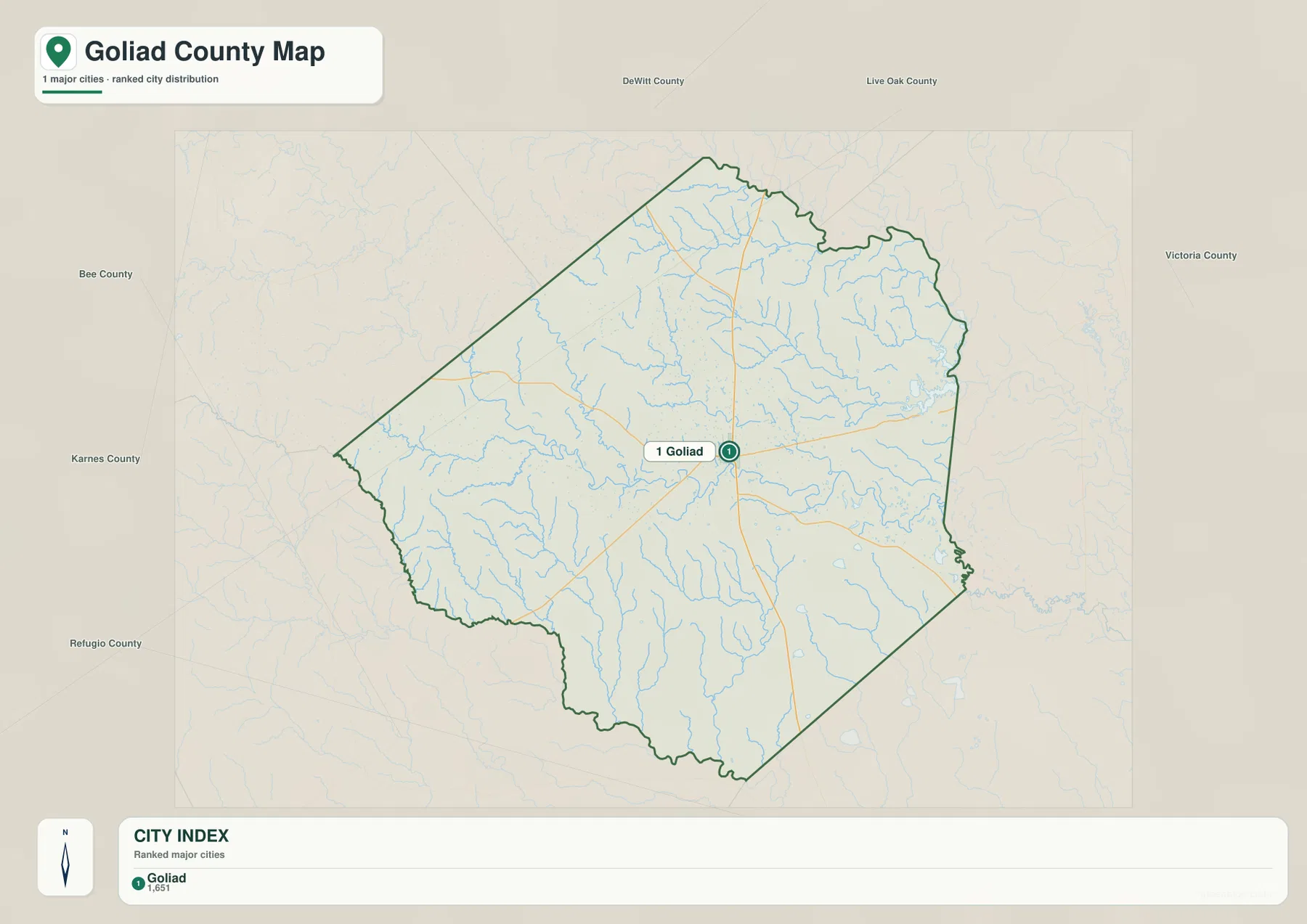 Goliad County city map highlighting Goliad as the principal city