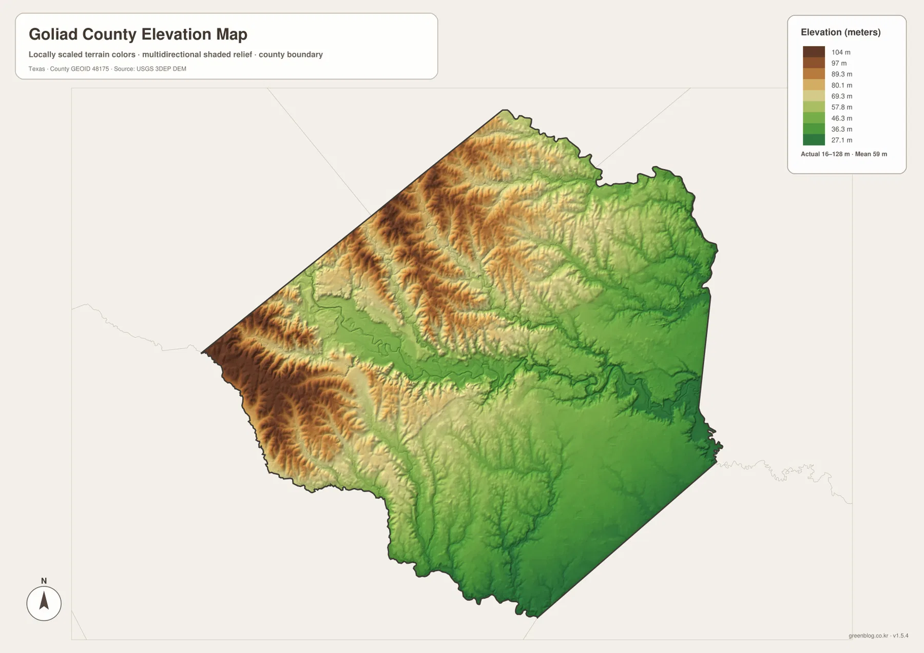 Goliad County elevation map showing higher western terrain and lower eastern terrain