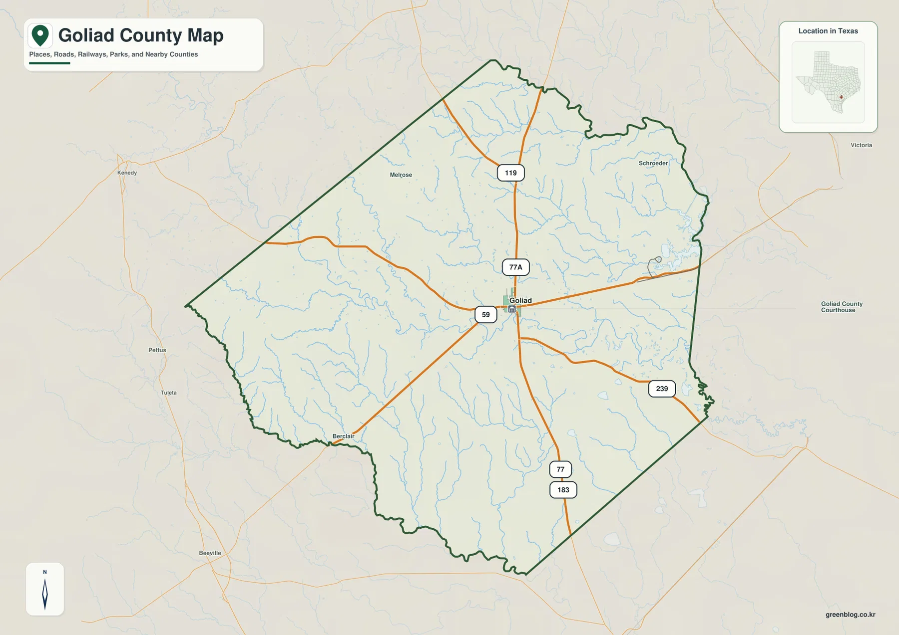Goliad County map showing Goliad, county boundary, US 59, US 77 Alternate, and other major roads