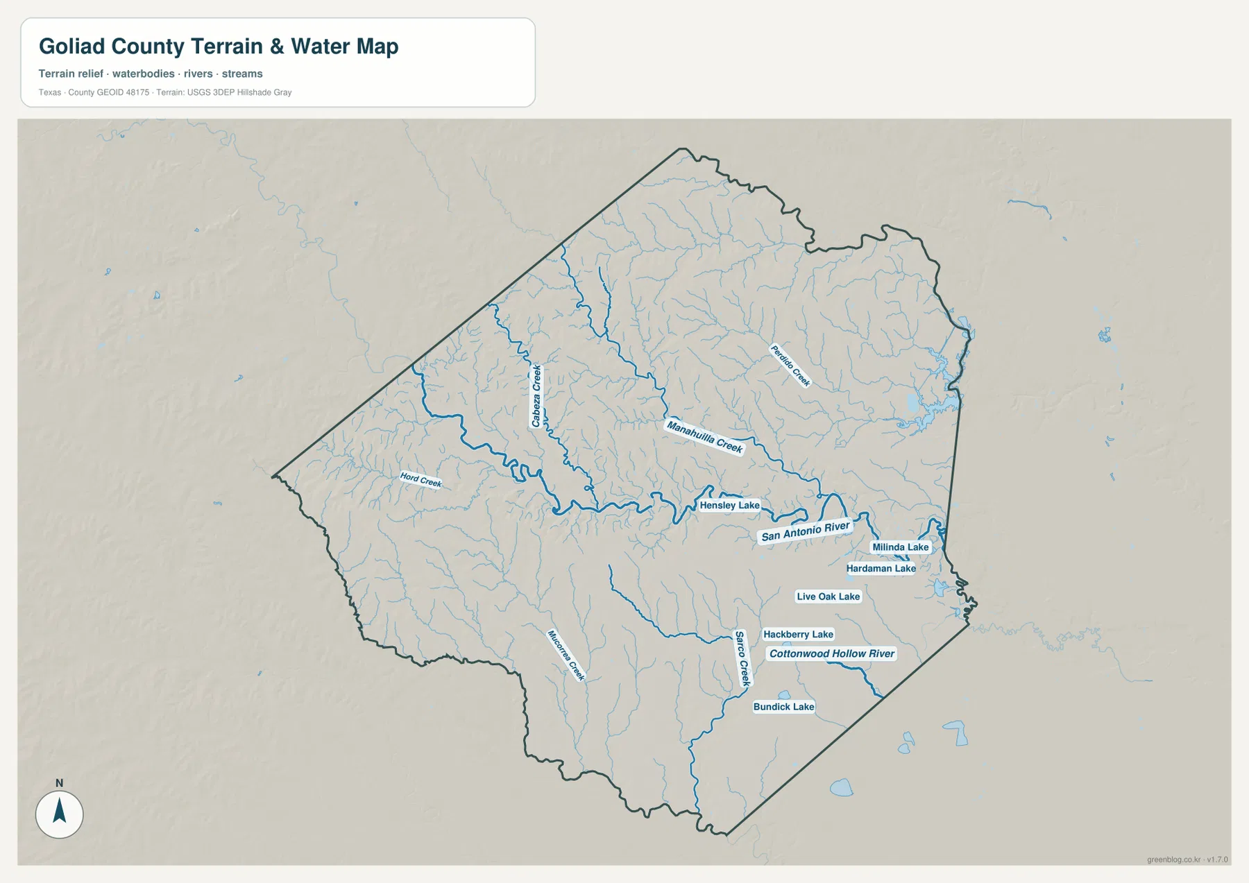 Goliad County terrain and water map with the San Antonio River, Cabeza Creek, Manahuilla Creek, and smaller lakes