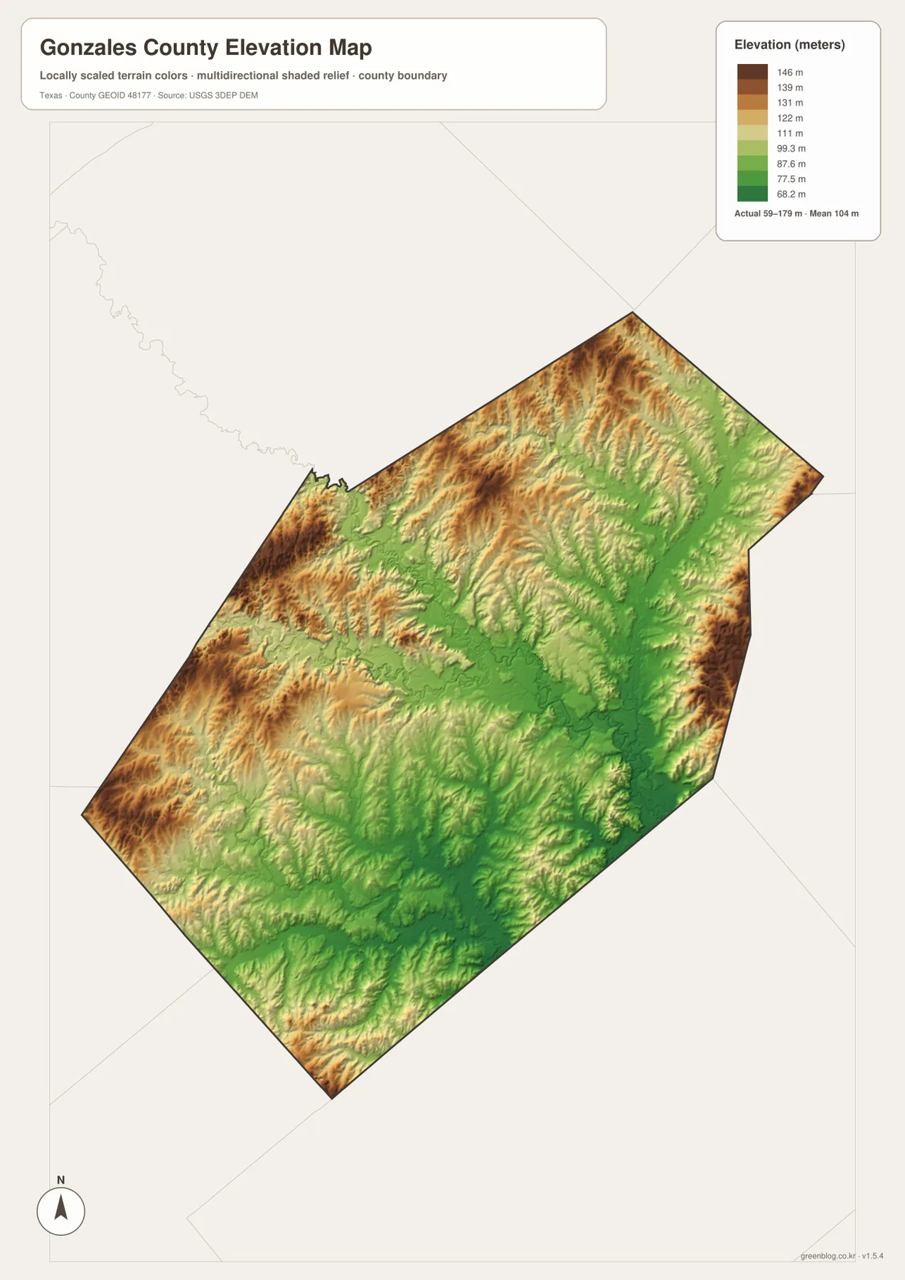 Elevation map of Gonzales County showing a mapped range of about 59 to 179 meters, low river valleys, and higher rolling terrain